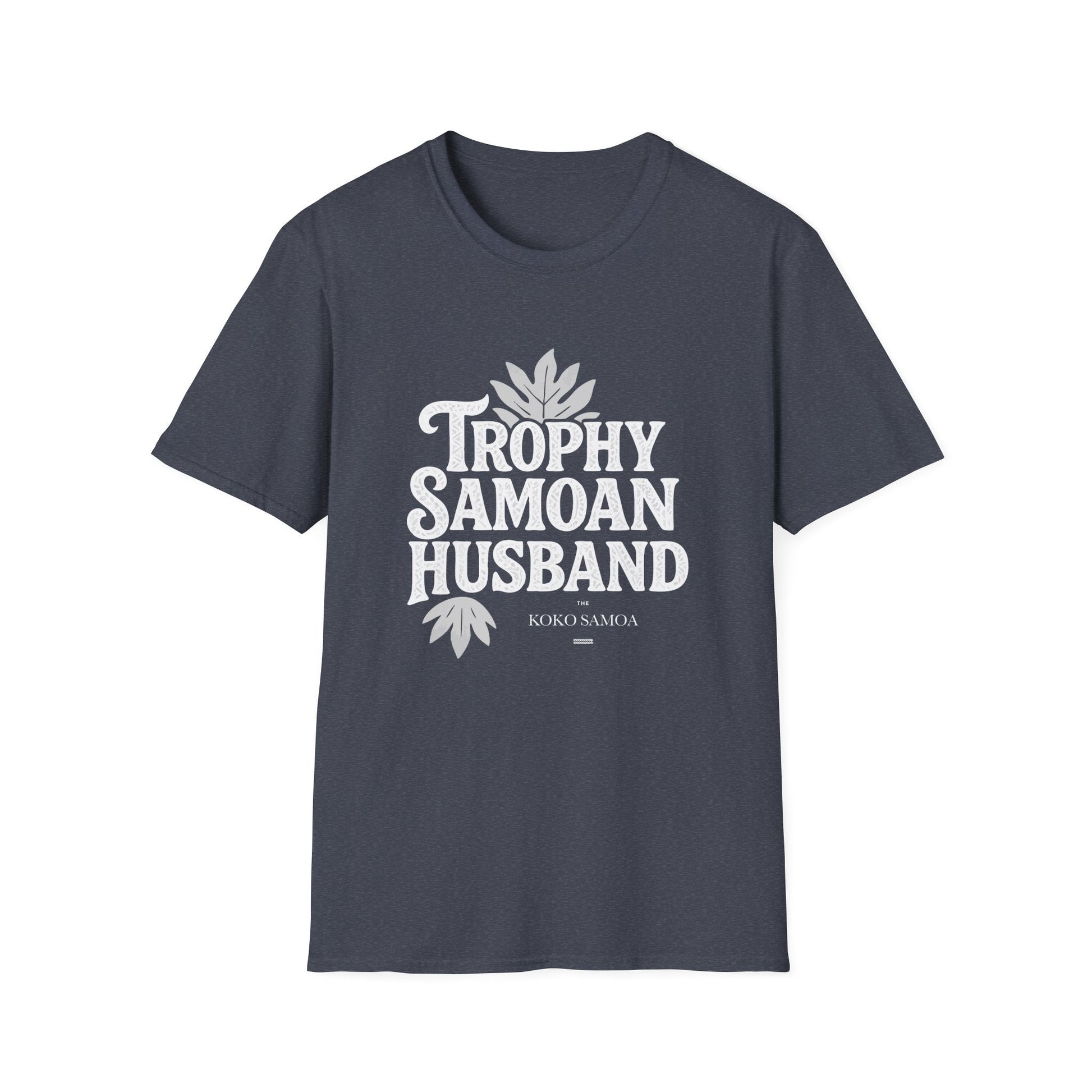 Charcoal unisex soft men's tee featuring "Trophy Samoan Husband" design by The Print Bar, perfect for casual wear in AU/NZ.
