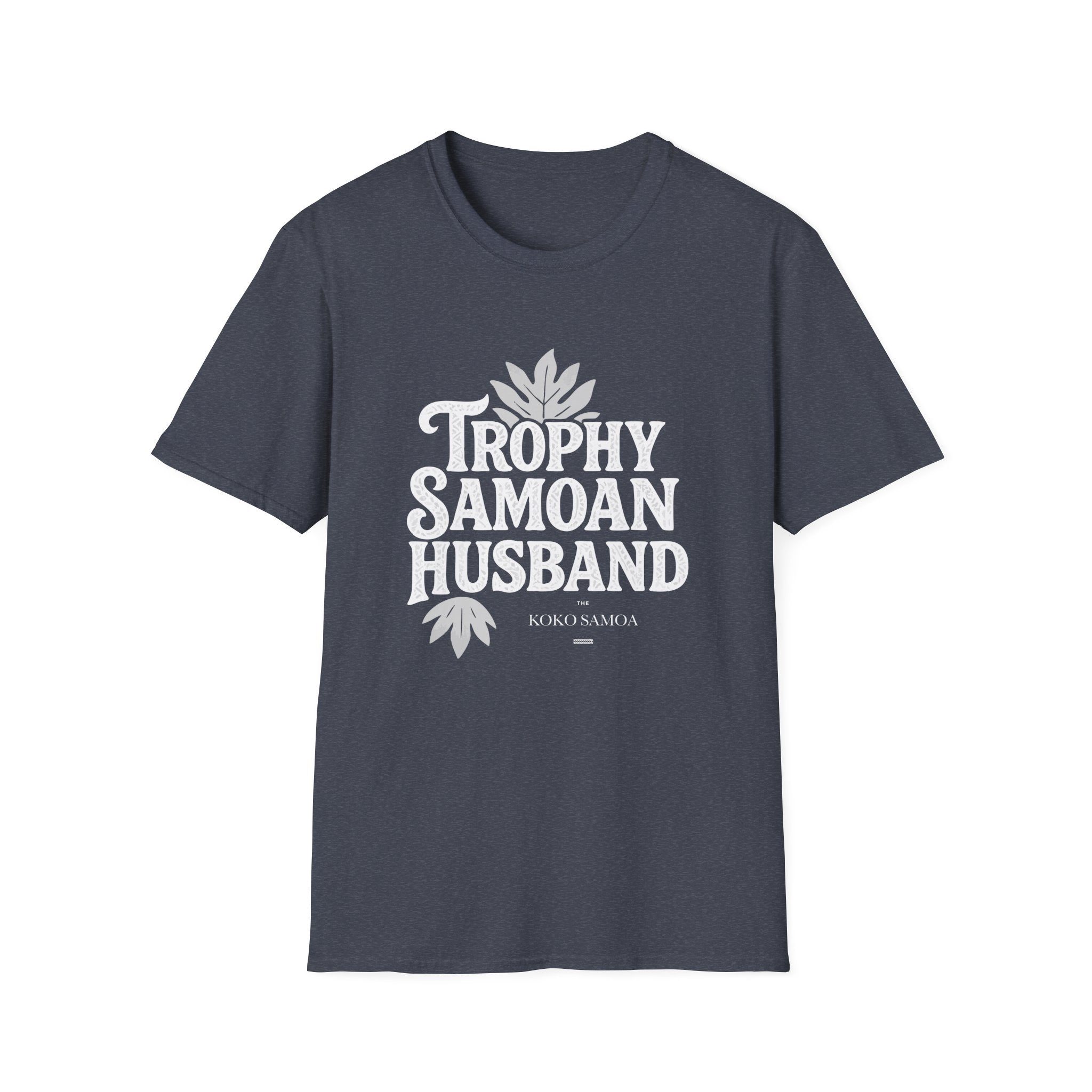 Charcoal unisex soft men's tee featuring "Trophy Samoan Husband" design by The Print Bar, perfect for casual wear in AU/NZ.