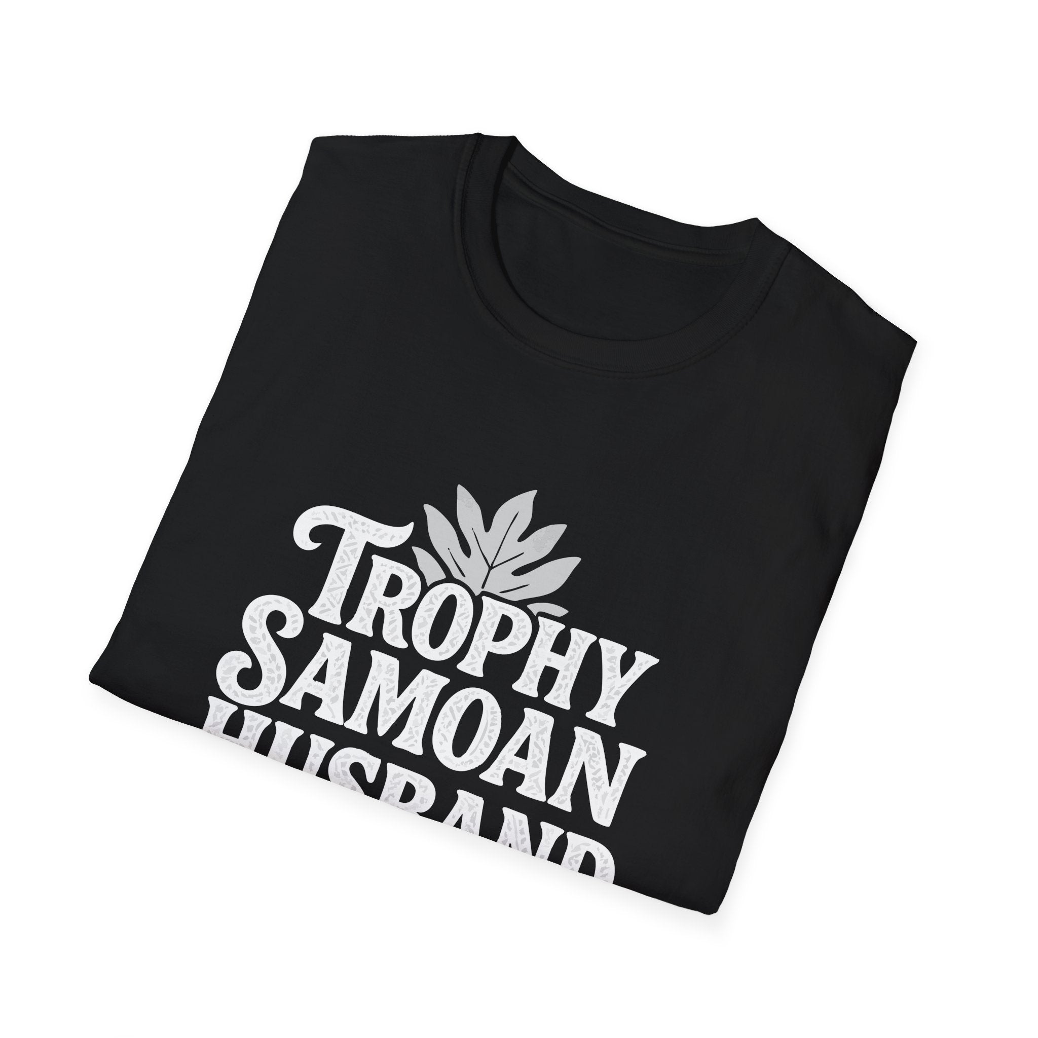 Charcoal unisex soft men's tee featuring "Trophy Samoan Husband" graphic, from The Print Bar, suitable for AU/NZ sizes.