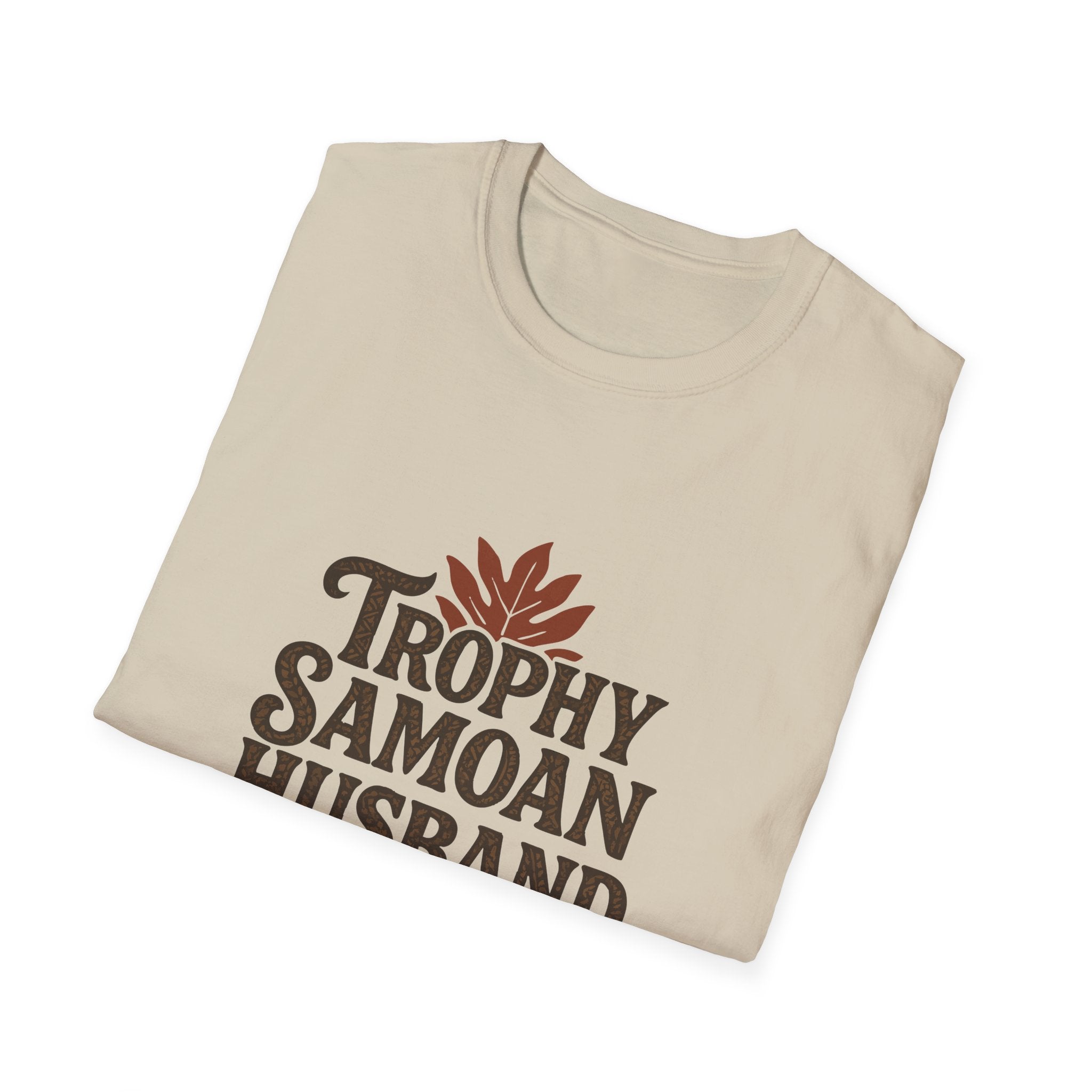 Charcoal unisex soft men's tee featuring "Trophy Samoan Husband" print, from The Print Bar, suitable for AU/NZ sizes.