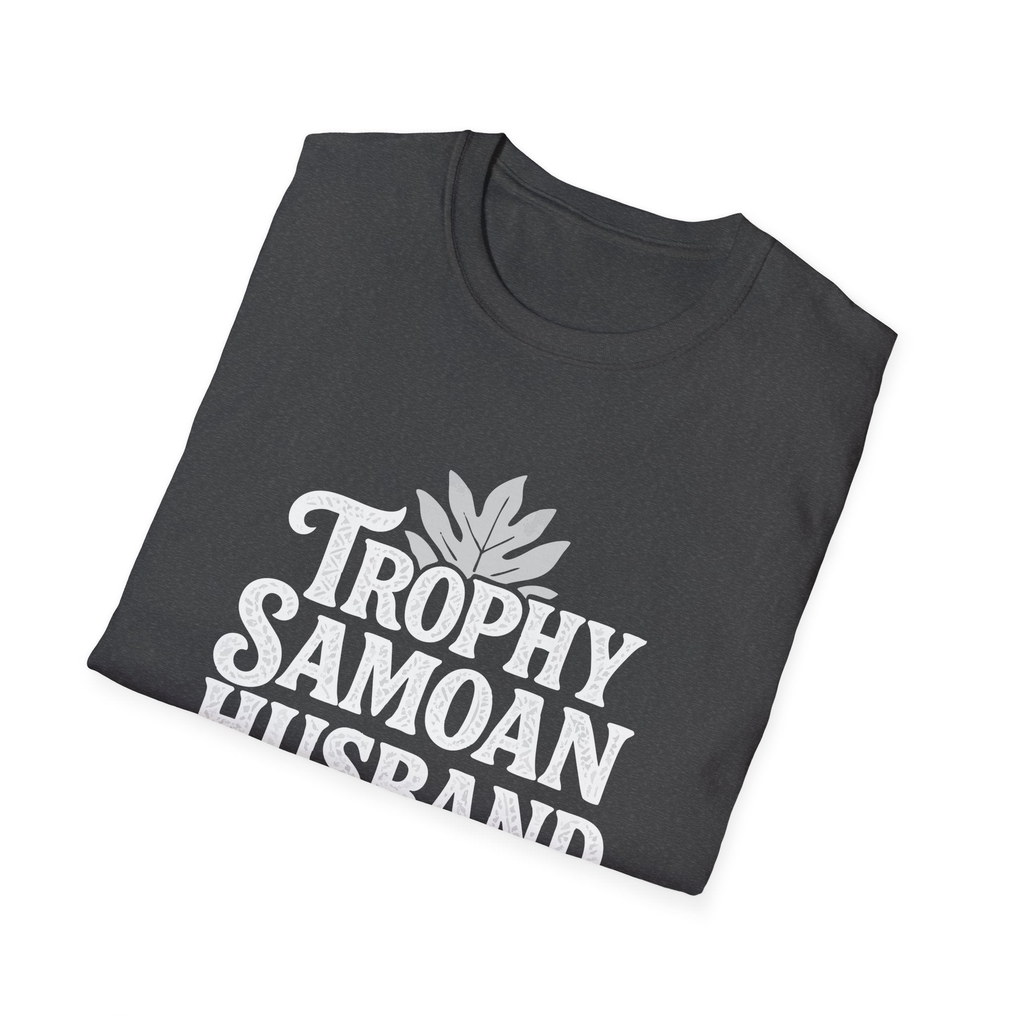 Charcoal unisex soft men's tee featuring "Trophy Samoan Husband" text, from The Print Bar, suitable for AU/NZ sizes.