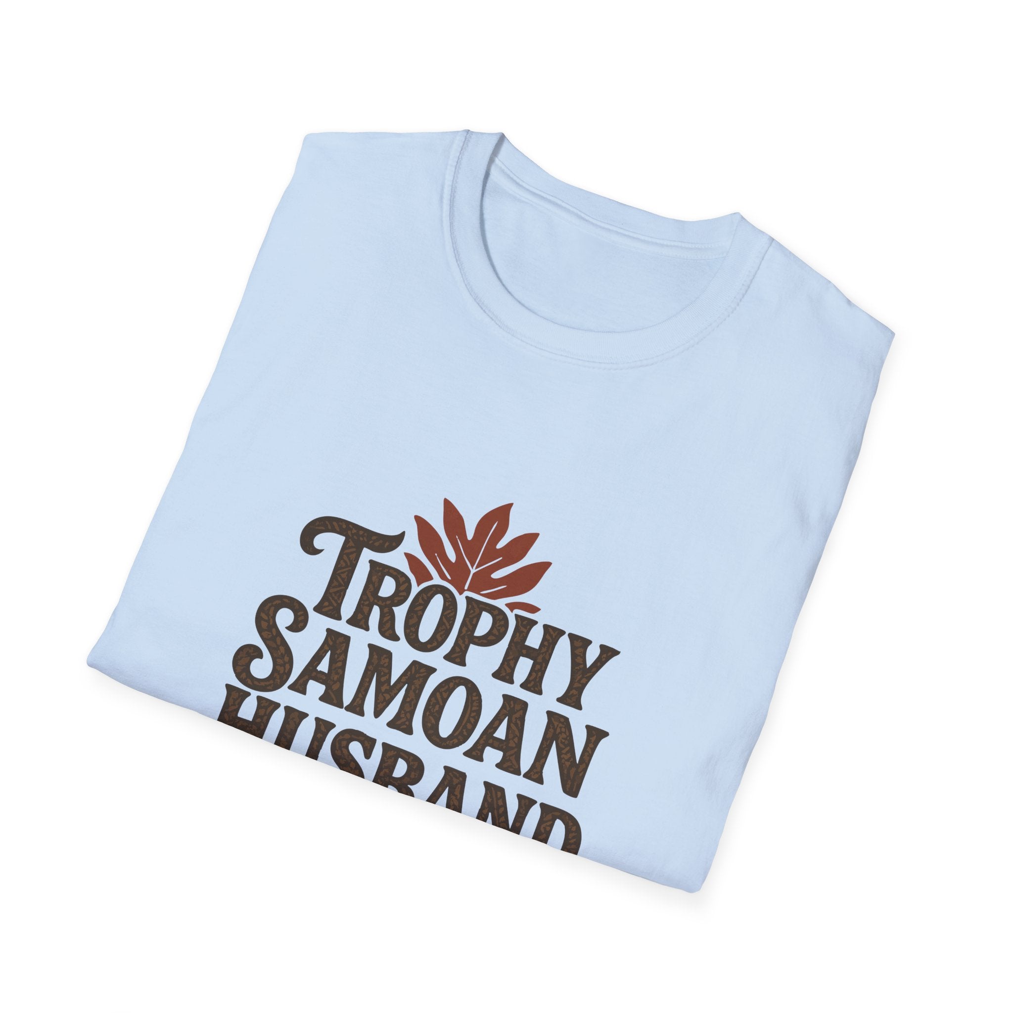 Charcoal unisex soft men's tee by The Print Bar featuring "Trophy Samoan Husband" design, ideal for casual wear in AU/NZ.