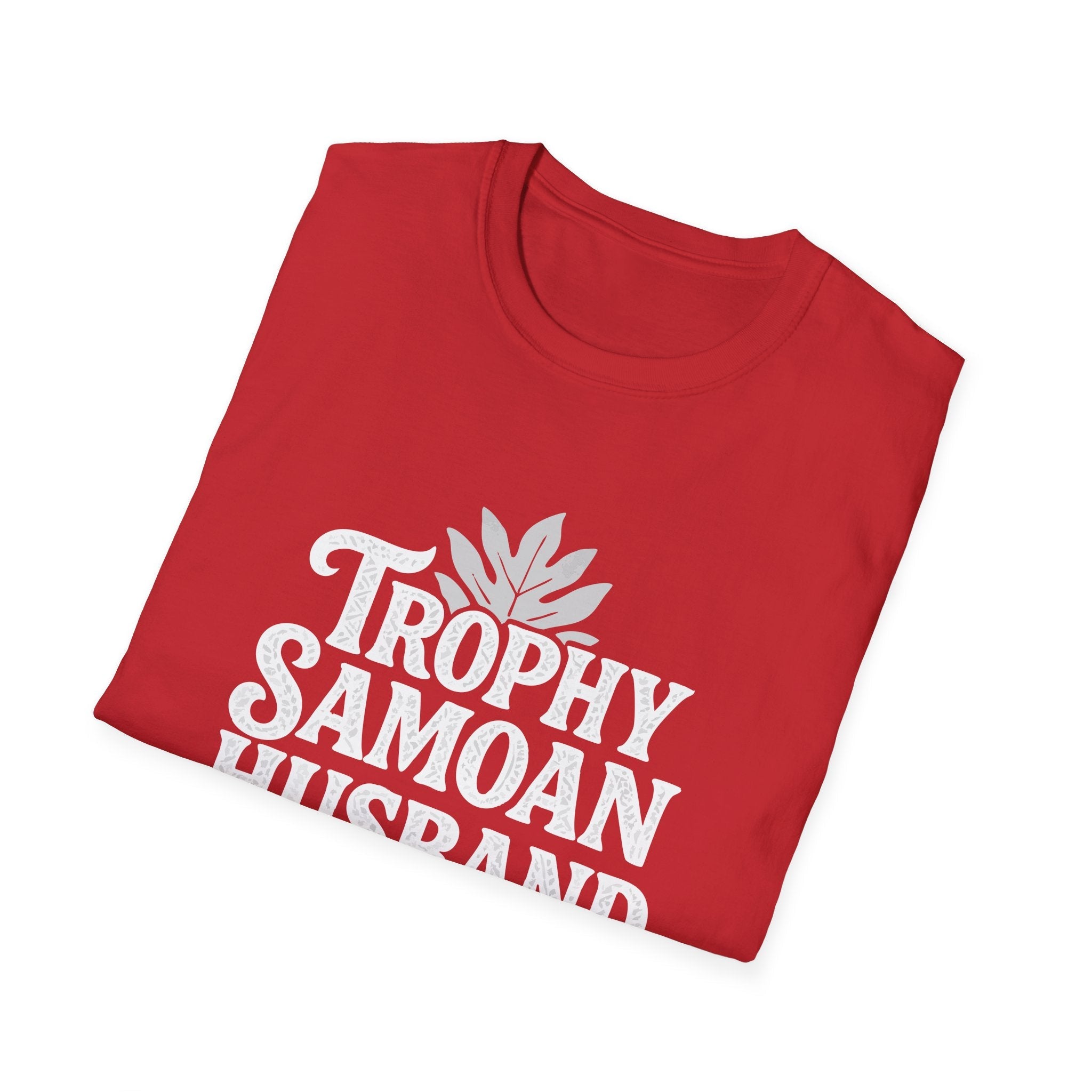 Soft men's unisex tee by The Print Bar featuring "Trophy Samoan Husband" design, in charcoal color with a relaxed fit.