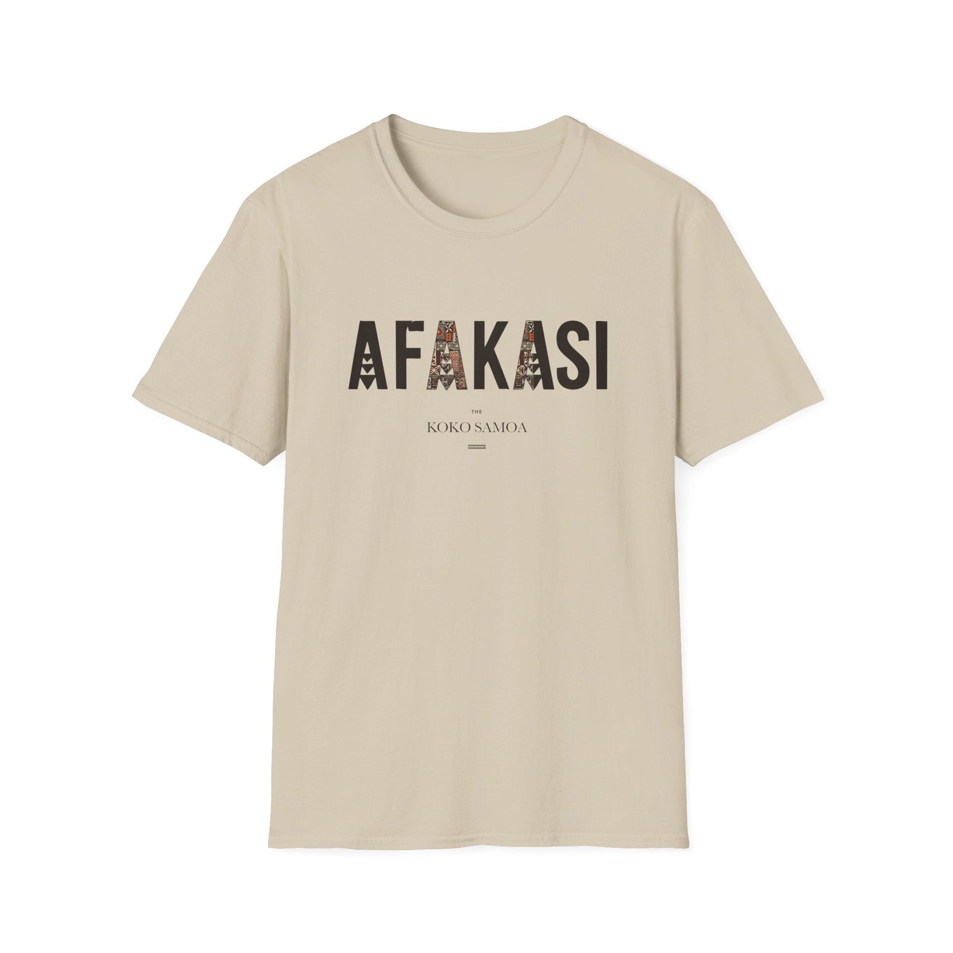 Charcoal soft unisex tee from The Print Bar with Afakasi design, suitable for AU/NZ sizes, casual and comfortable clothing.