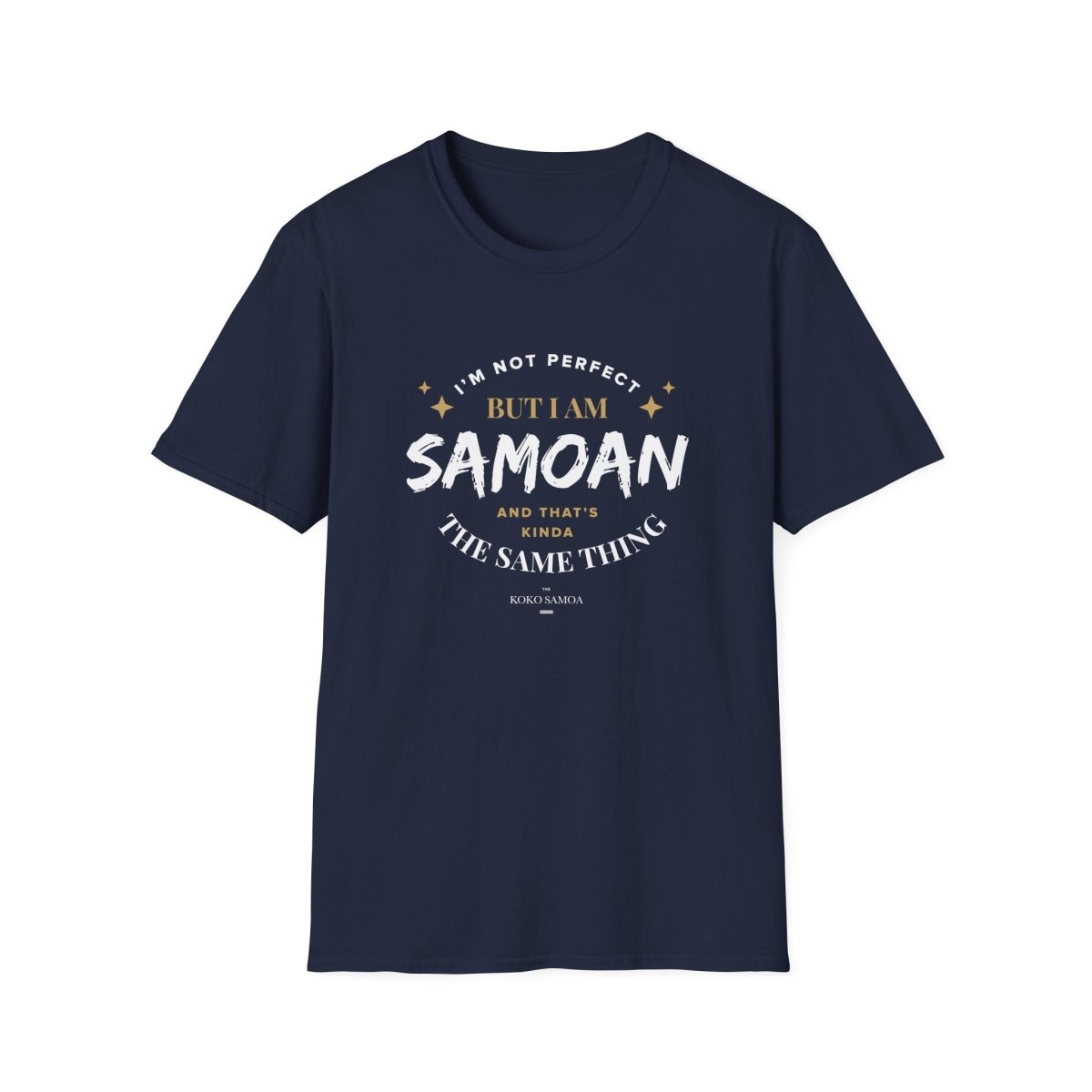 Dark chocolate unisex soft tee from The Print Bar with personalized "Not Perfect But Samoan" design, suitable for AU/NZ.