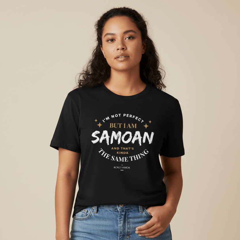 Dark chocolate unisex soft tee from The Print Bar with personalized "Not Perfect But Samoan" design, suitable for AU/NZ.