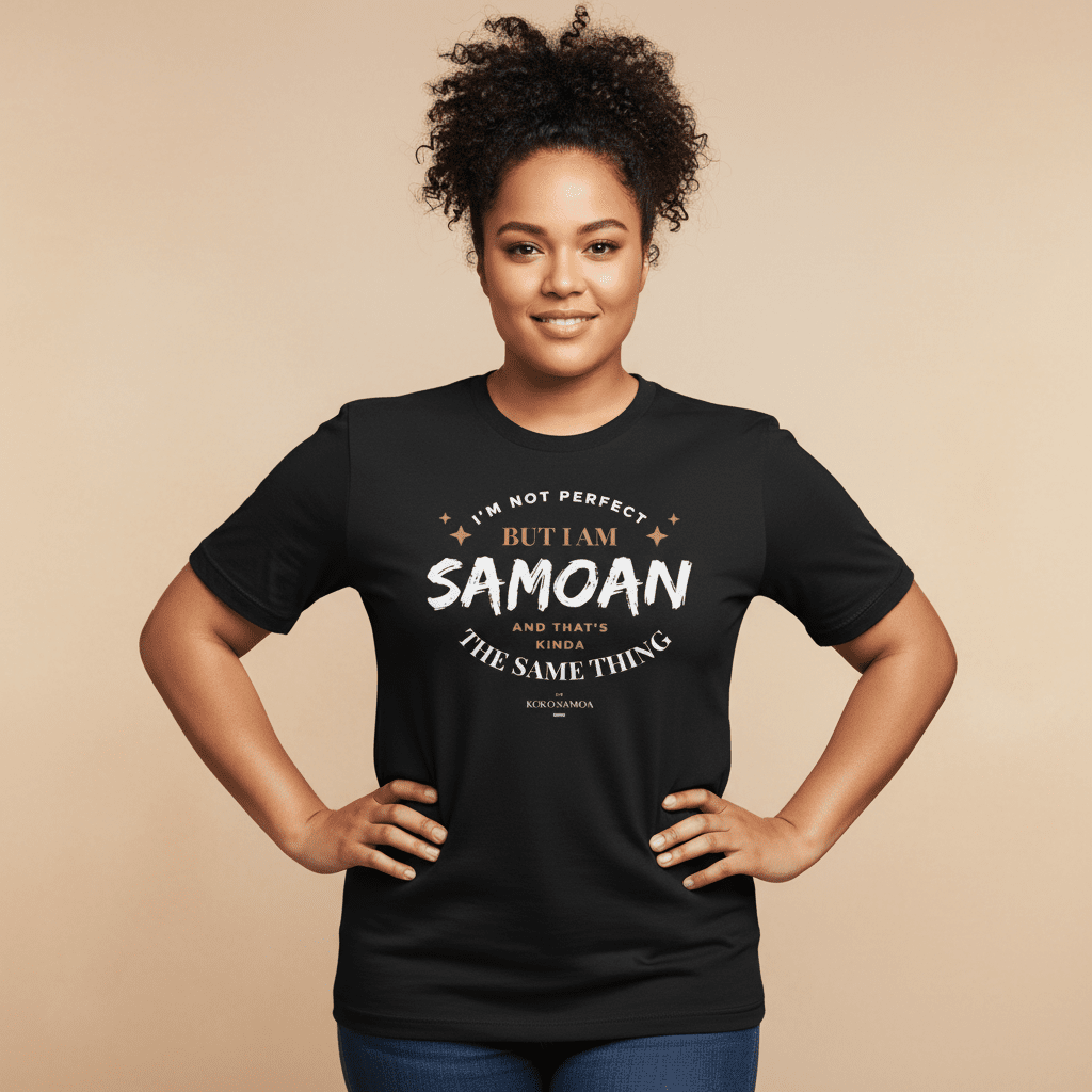 Soft unisex Samoan-themed T-shirt by The Print Bar, personalized dark chocolate colored tee with "Not Perfect But Samoan" print.