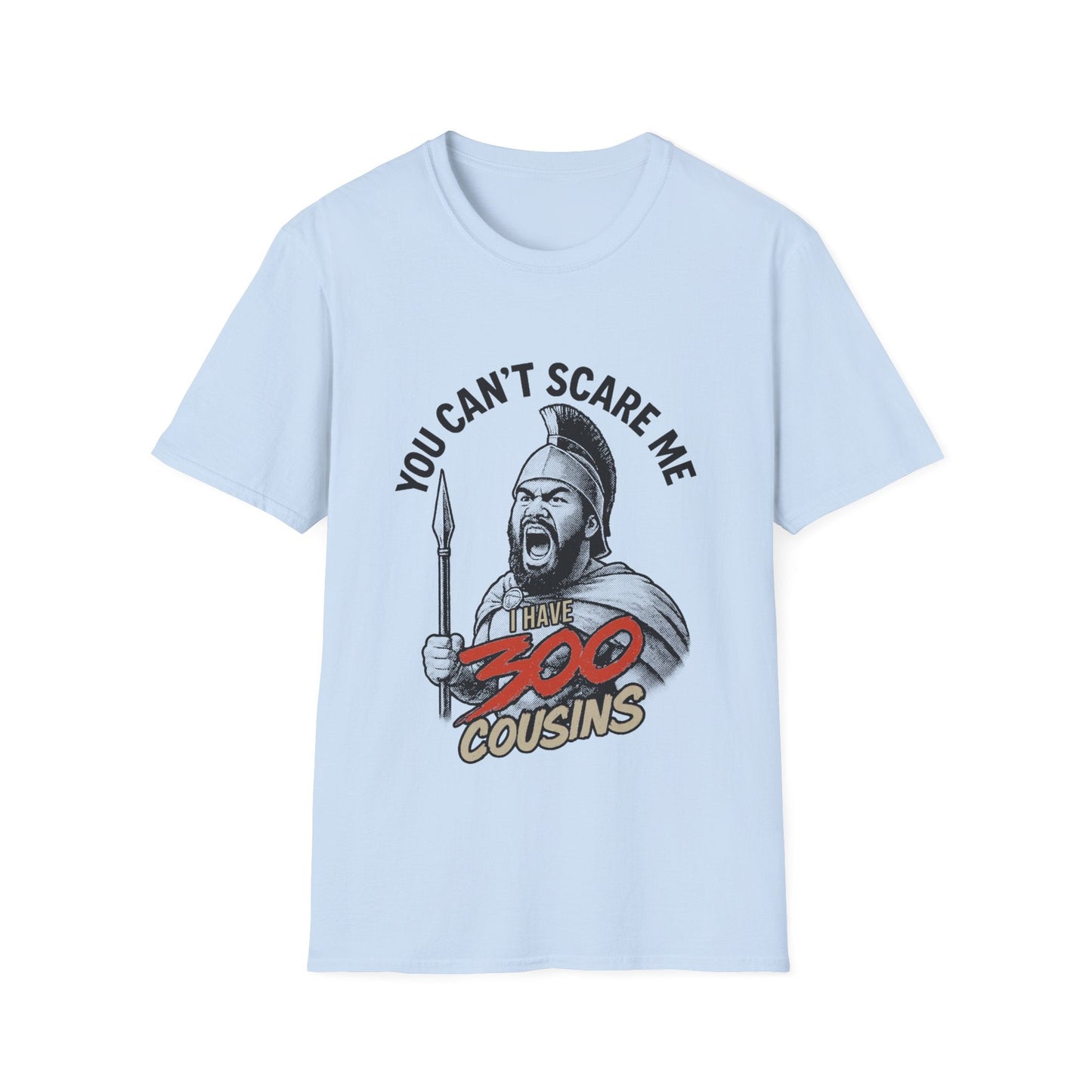 Light blue unisex soft tee from The Print Bar featuring the "300 Cousins" design, casual fit, and comfortable fabric.
