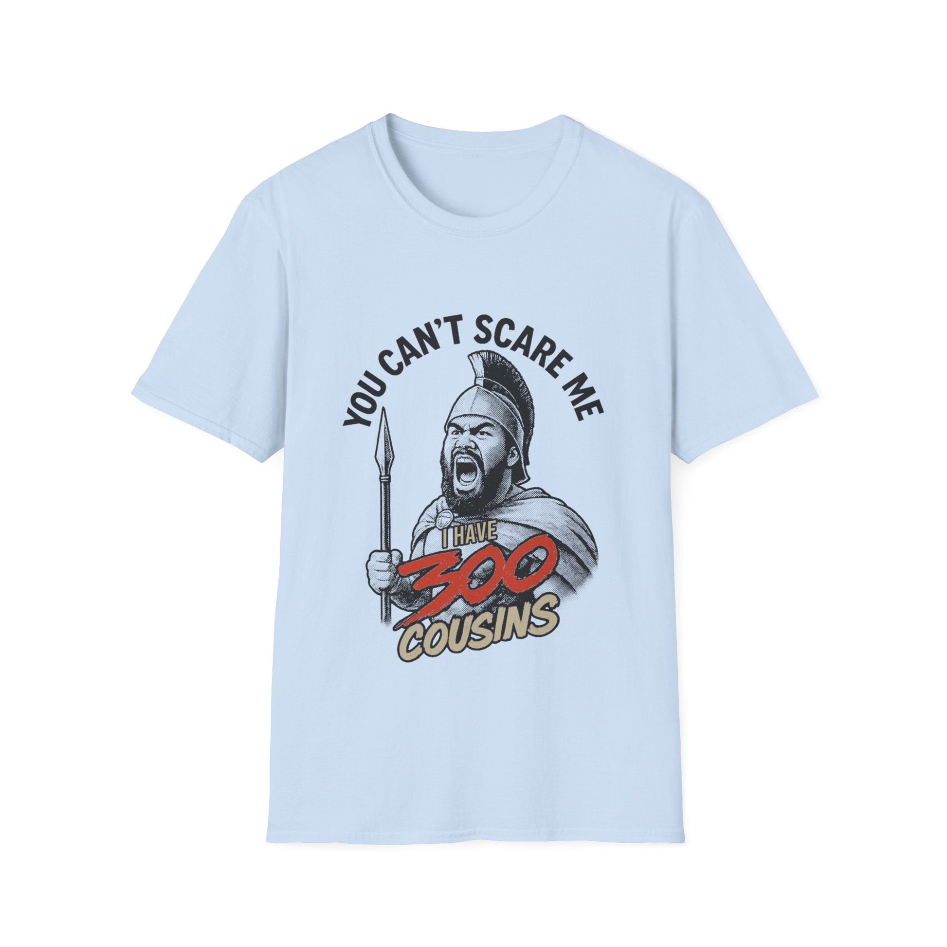 Light blue unisex soft tee from The Print Bar featuring the "300 Cousins" design, casual fit, and comfortable fabric.