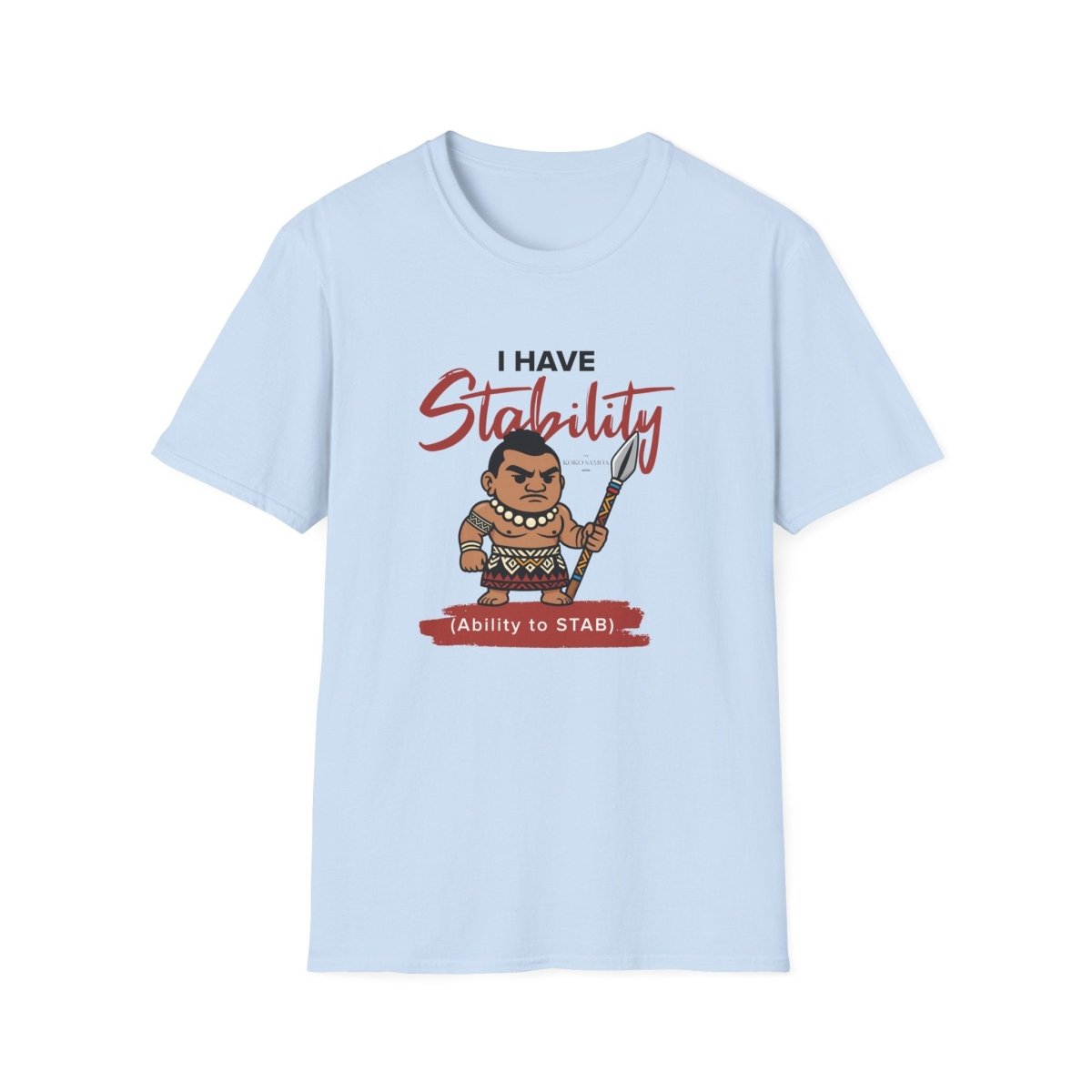Light blue unisex soft tee from The Print Bar with "Stability" personalization, ideal for casual wear in AU/NZ.