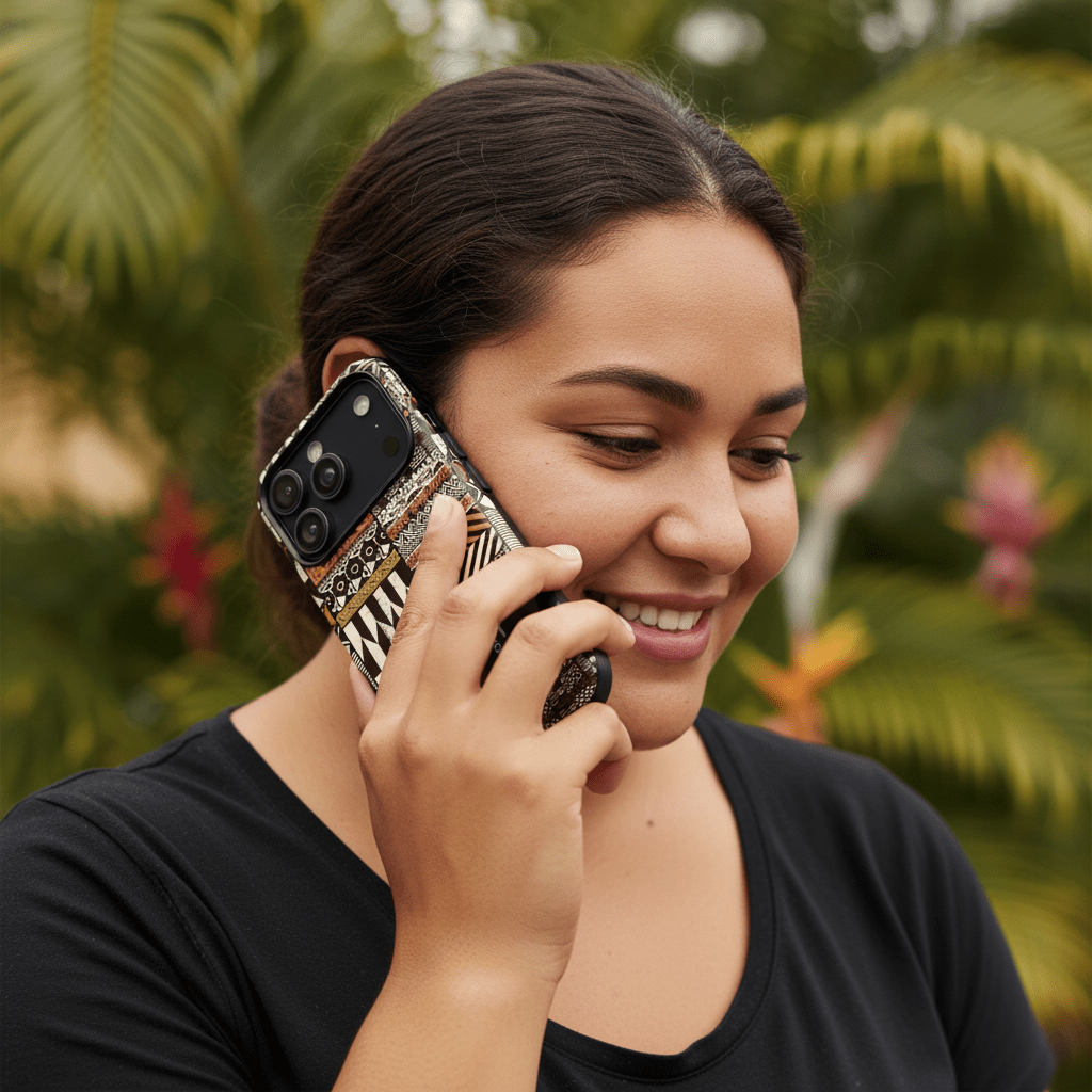 Tough Phone Case with Apia Mosaic design, durable protective cover for smartphones, featuring vibrant Samoan-inspired artwork.