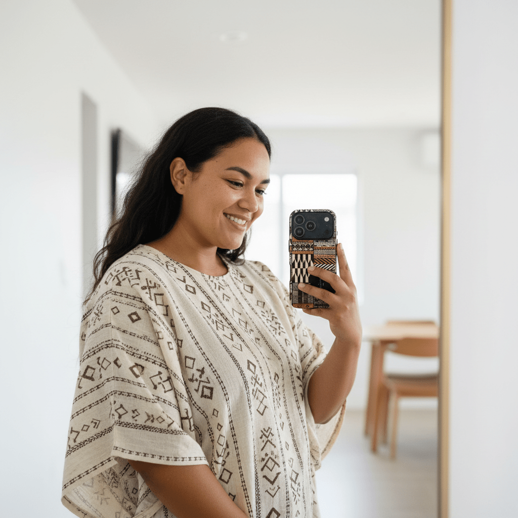Tough Phone Case with Apia Mosaic design, durable protective cover for smartphones featuring vibrant Samoan artwork.