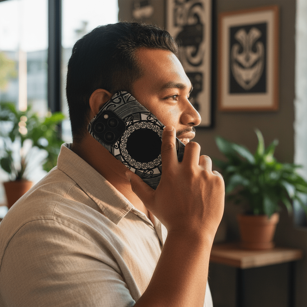 Māori tough phone case with traditional Polynesian patterns, designed for durable protection on smartphones.
