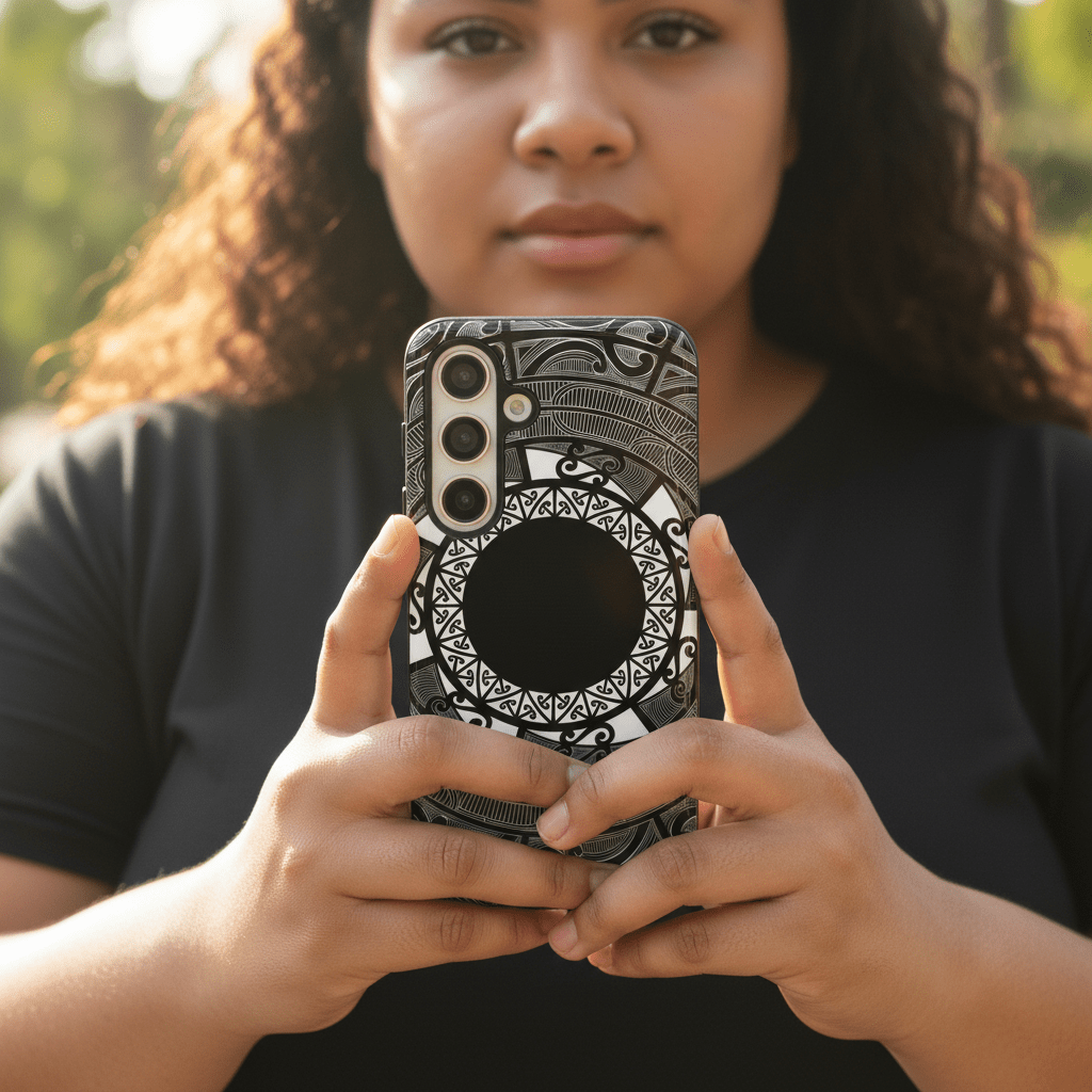 Māori tough phone case featuring traditional Koko Samoa design for AU, NZ, and US models, durable protective cover.