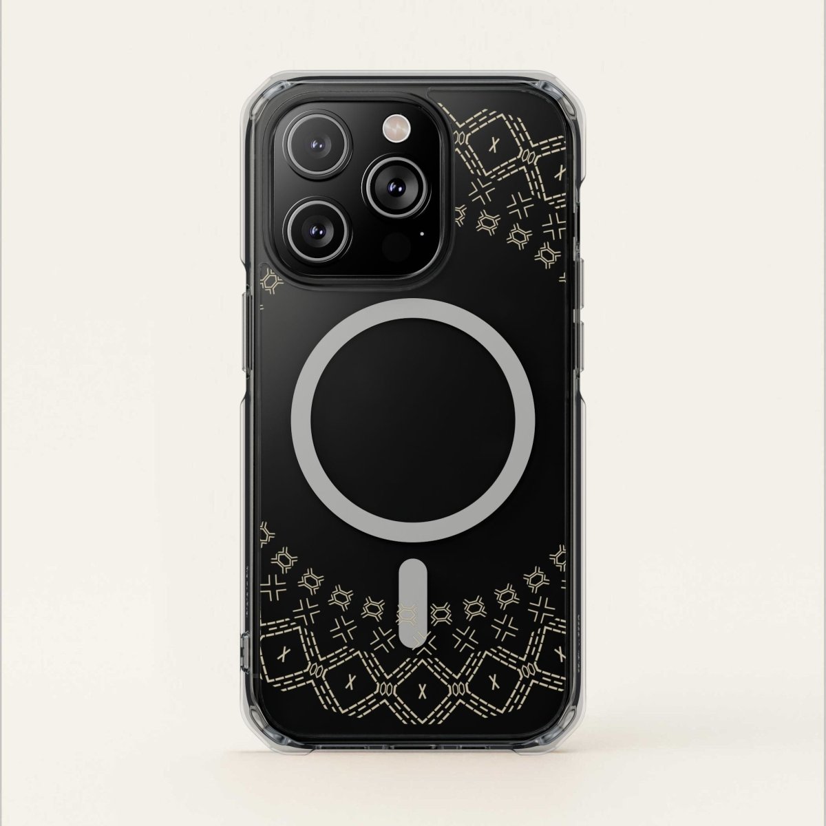 MagSafe clear case for iPhone 16 featuring Samoan Malu design, transparent protective phone cover.