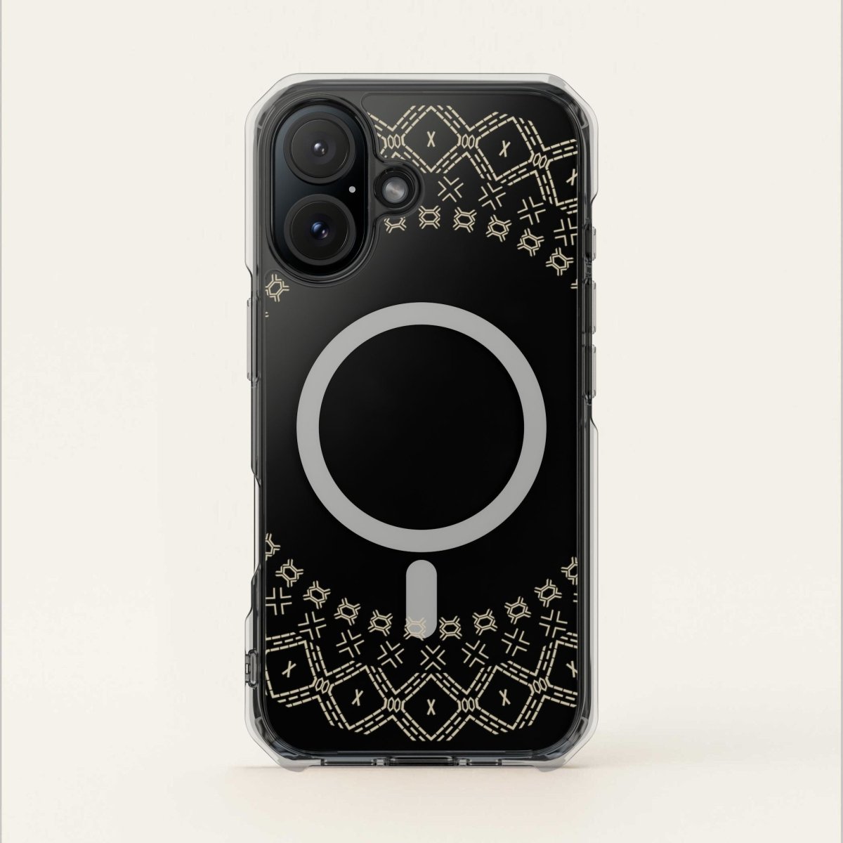MagSafe clear case for iPhone 16 featuring Samoan Malu design, transparent and protective phone cover.