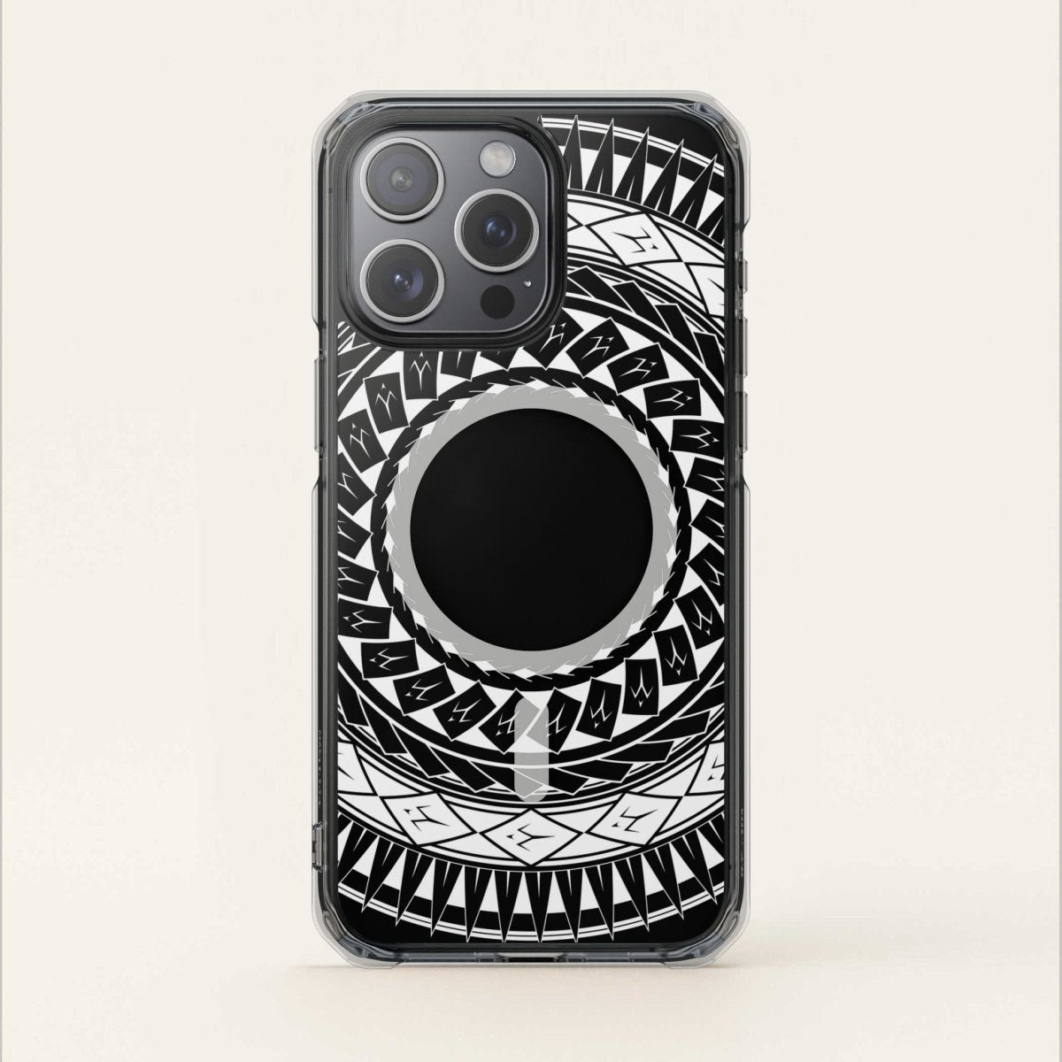MagSafe clear case for iPhone 16 featuring Samoan spear design, transparent protective Magsafe case.