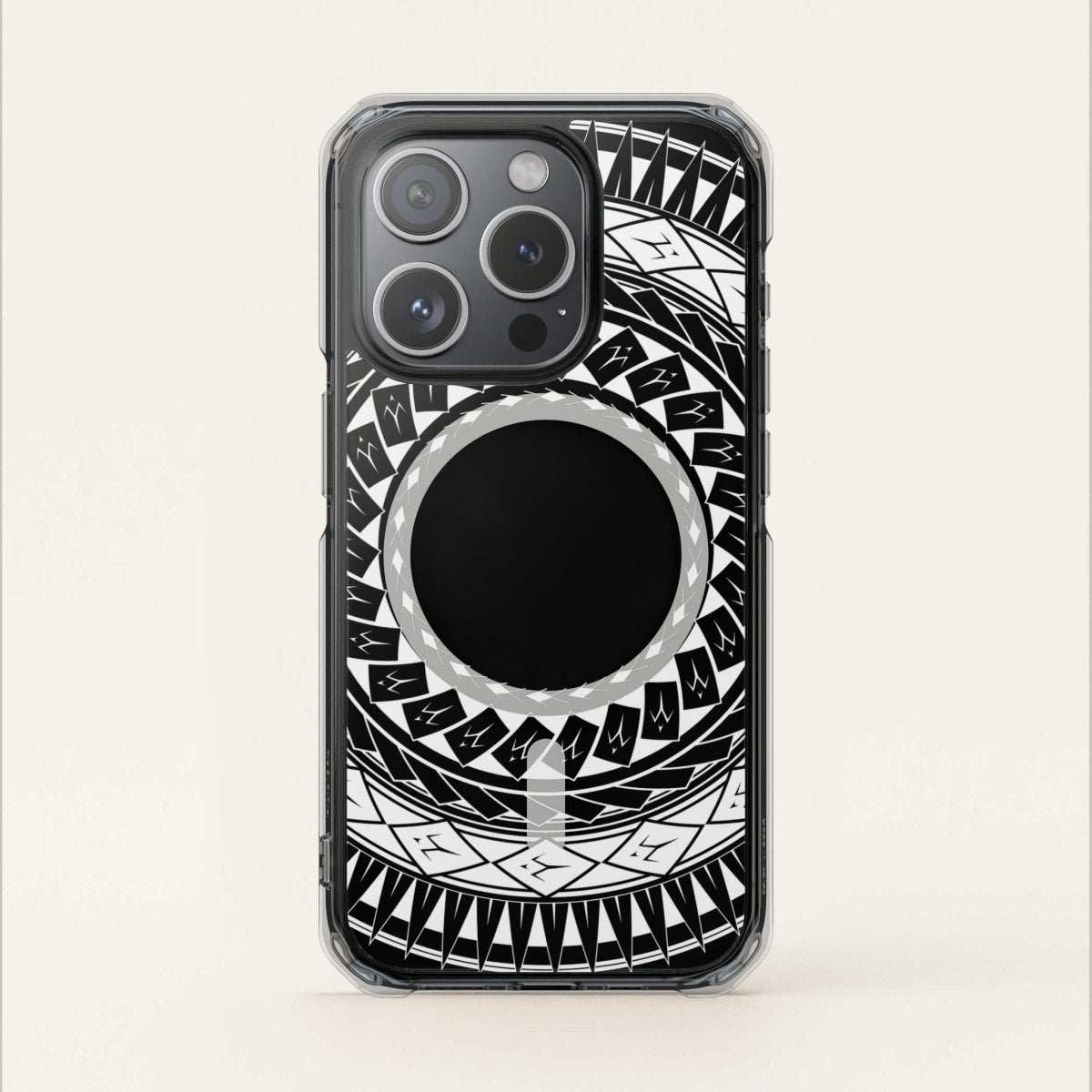 MagSafe clear case for iPhone 16 with Samoan spear design, showcasing transparent protective cover.