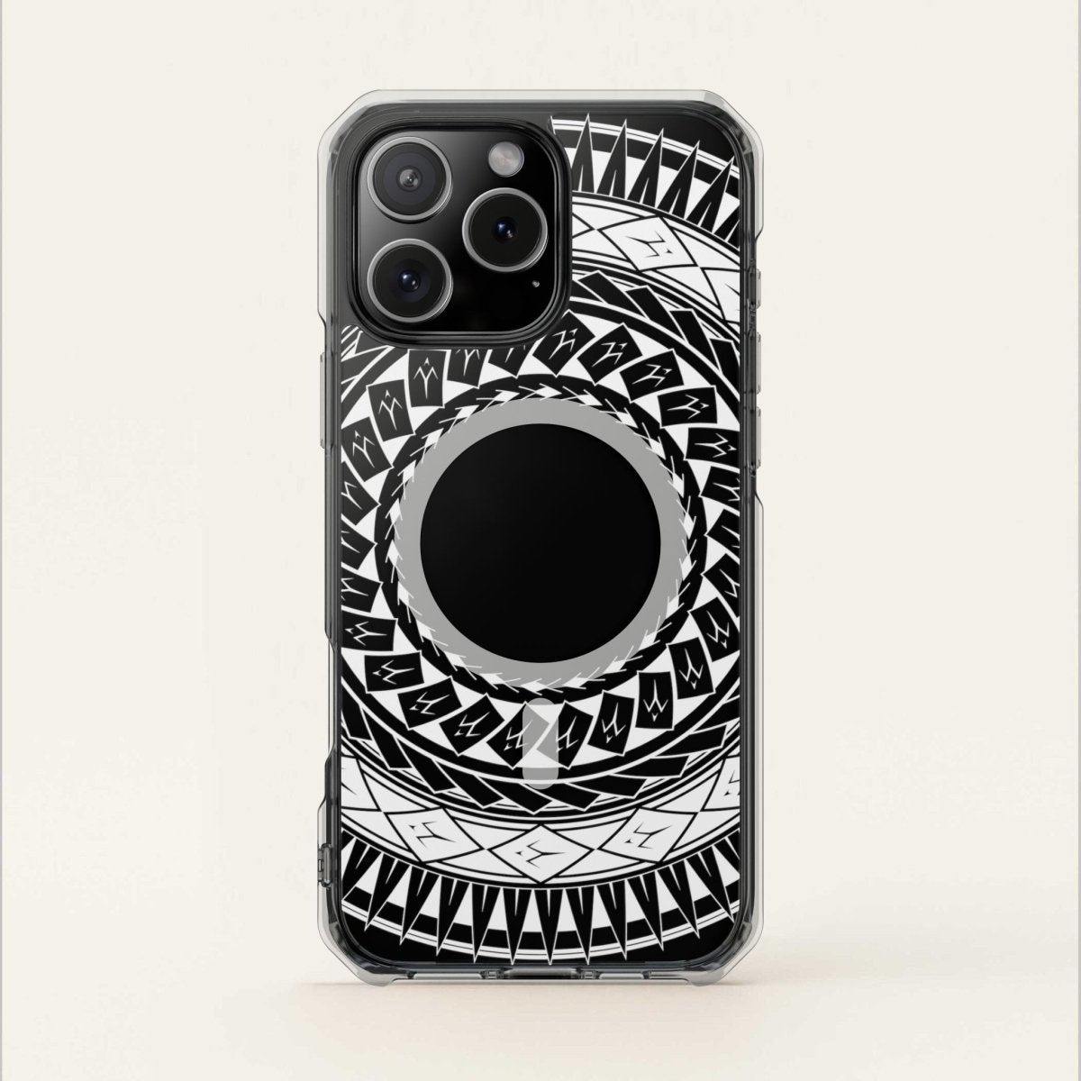 MagSafe clear case for iPhone 16 with Samoan spear design, showcasing a transparent protective cover.