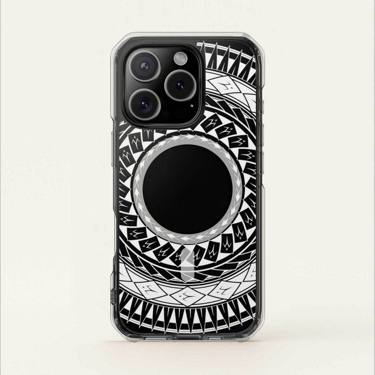 MagSafe clear case for iPhone 16 featuring Samoan spear design, durable transparent Magsafe case for AU, NZ, and US.