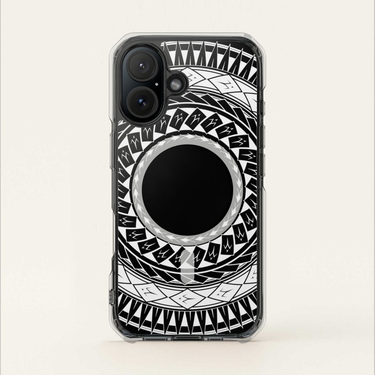 MagSafe clear case for iPhone 16 featuring Samoan spear design, transparent protective Magsafe case.