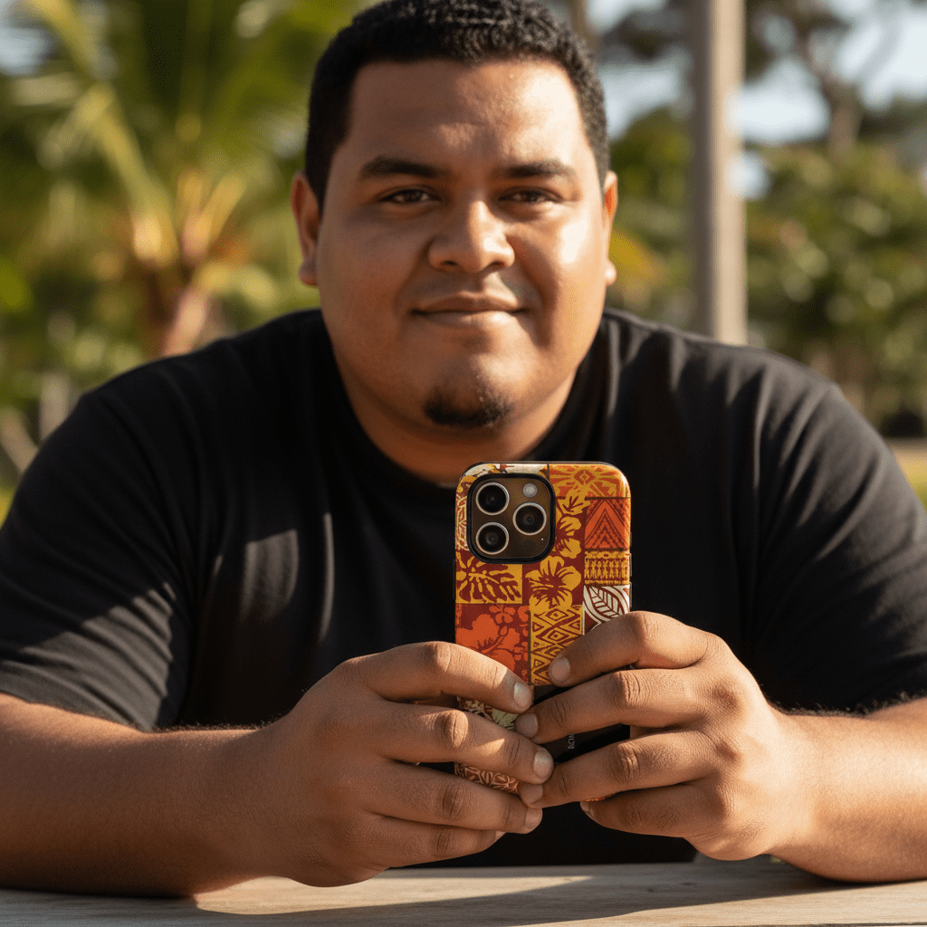 Tough Phone Case with Sataoa Sunrise design, featuring vibrant island scenery for AU, NZ, and USA models.