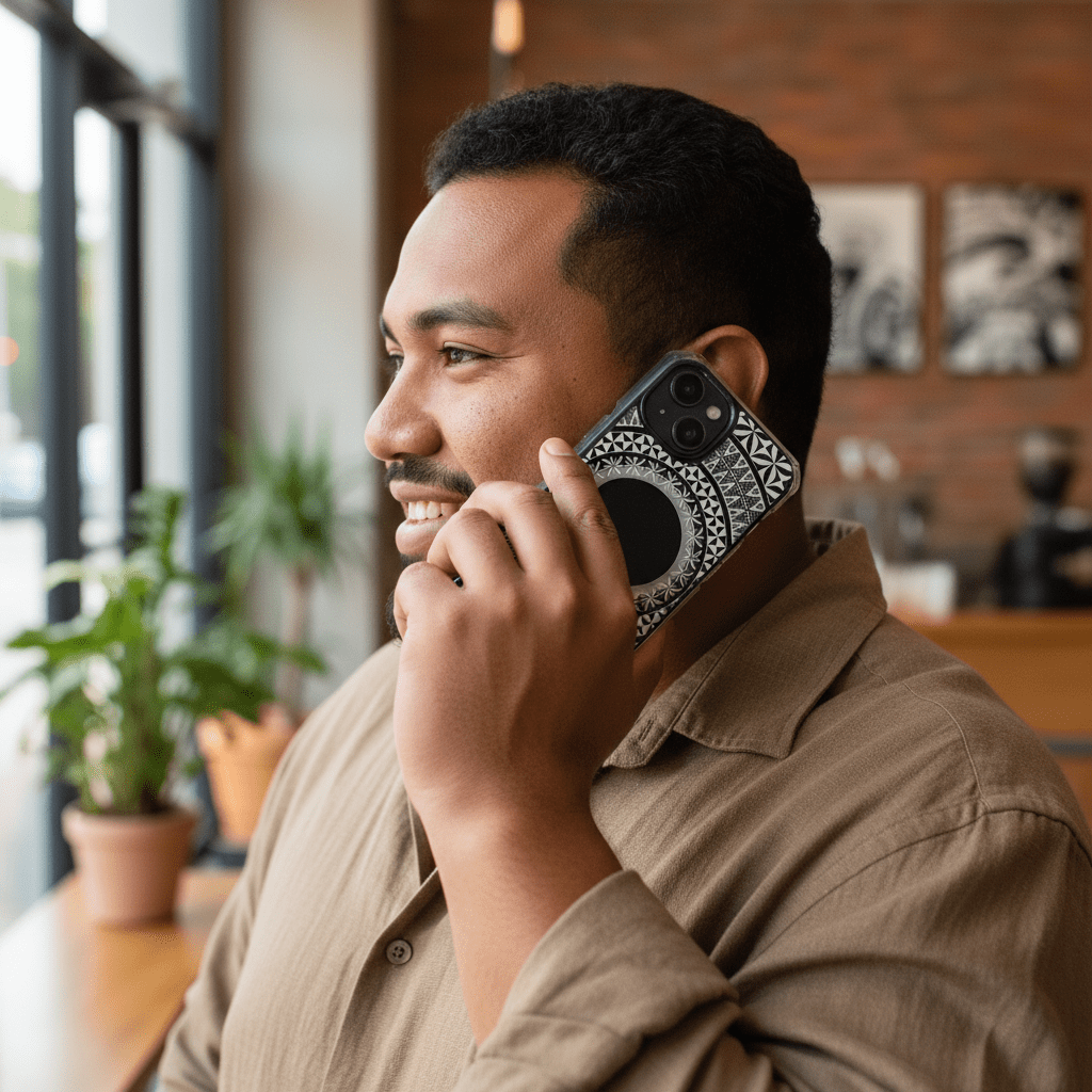 MagSafe clear phone case with Tongan design, compatible with AU, NZ, and US models, showcasing vibrant cultural artwork