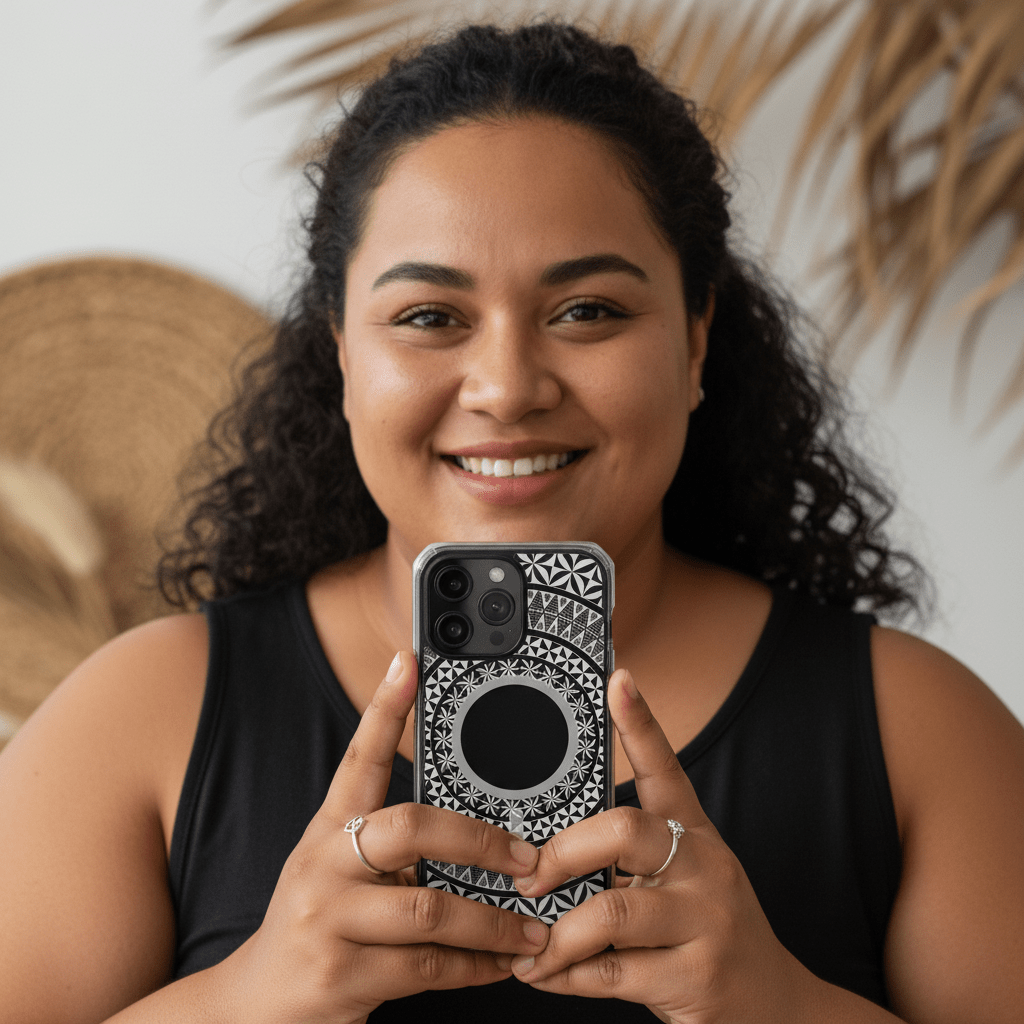 MagSafe clear phone case featuring Tongan design, compatible with AU, NZ, and USA models, showcasing vibrant Tongan artwork.