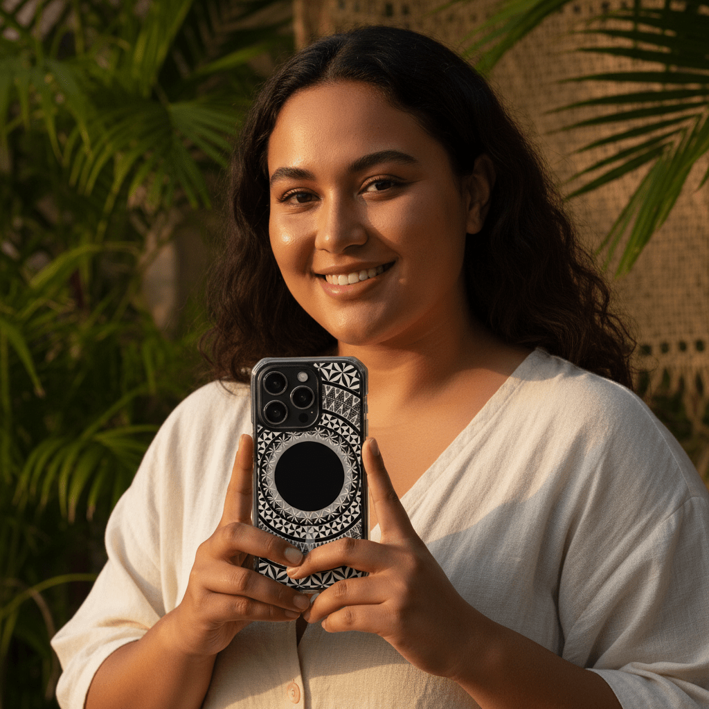 MagSafe clear phone case with Tongan design, showcasing a transparent case with cultural patterns for iPhone.