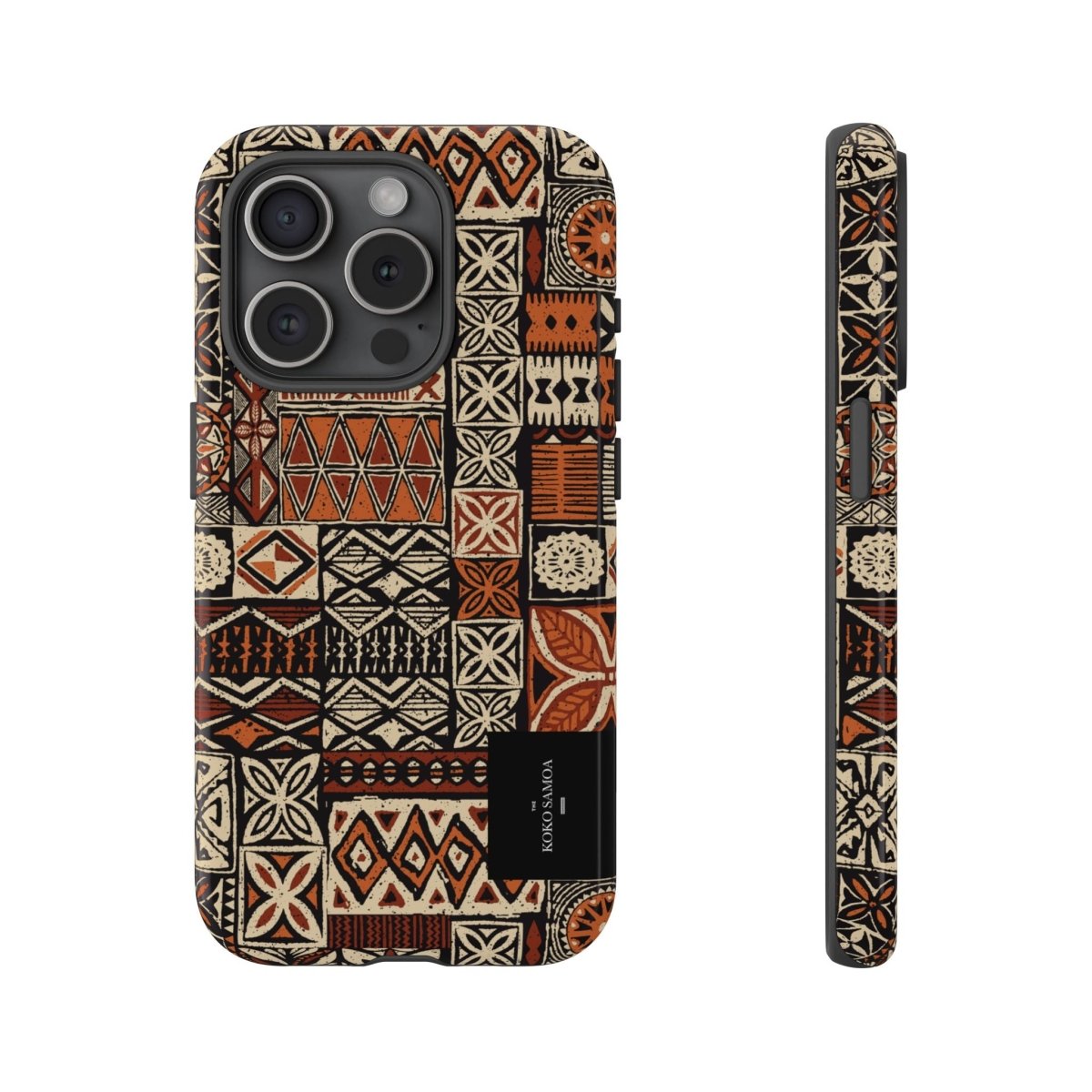 WOYC Tough Phone Case Elei design for AU, NZ, and US models, featuring a vibrant Koko Samoa pattern on durable phone protection.