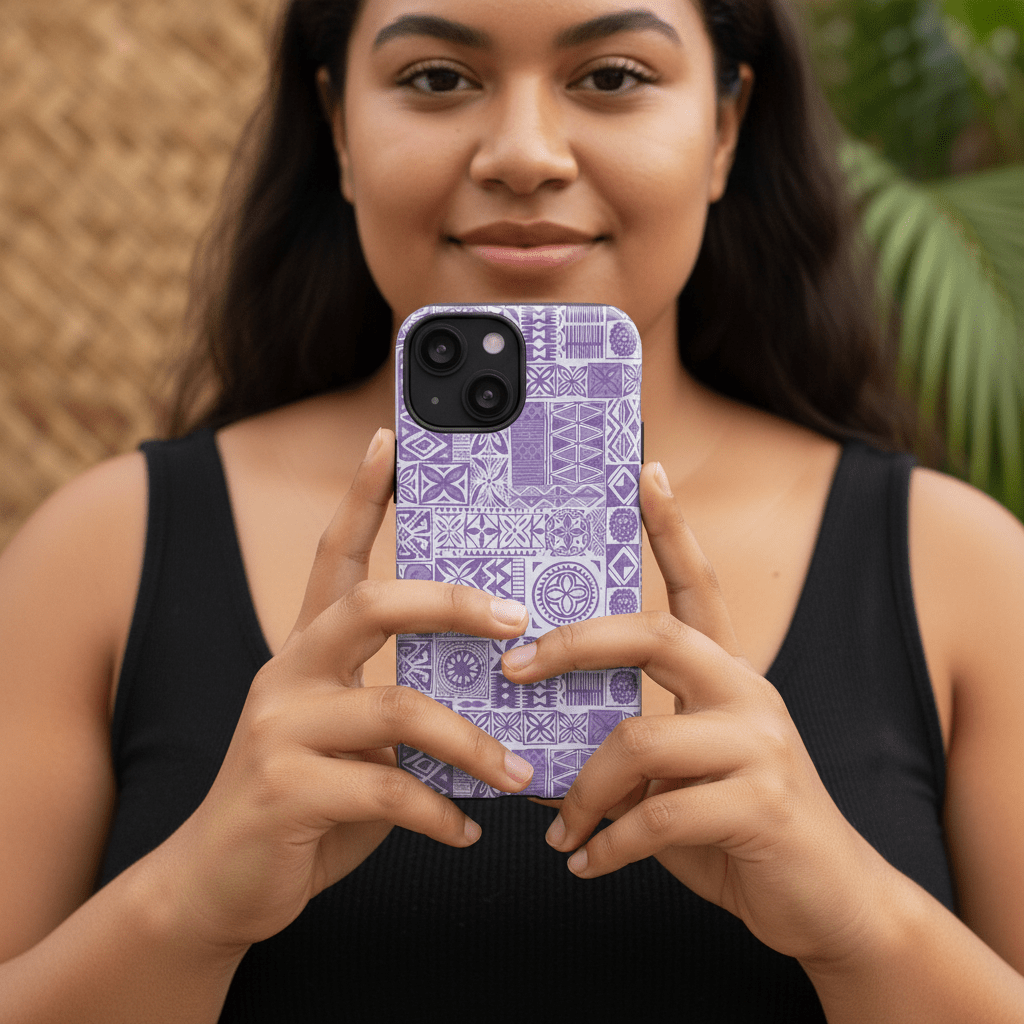 Lavender Elei tough phone case by WOYC for AU, NZ, and USA, featuring a durable design and traditional pattern.