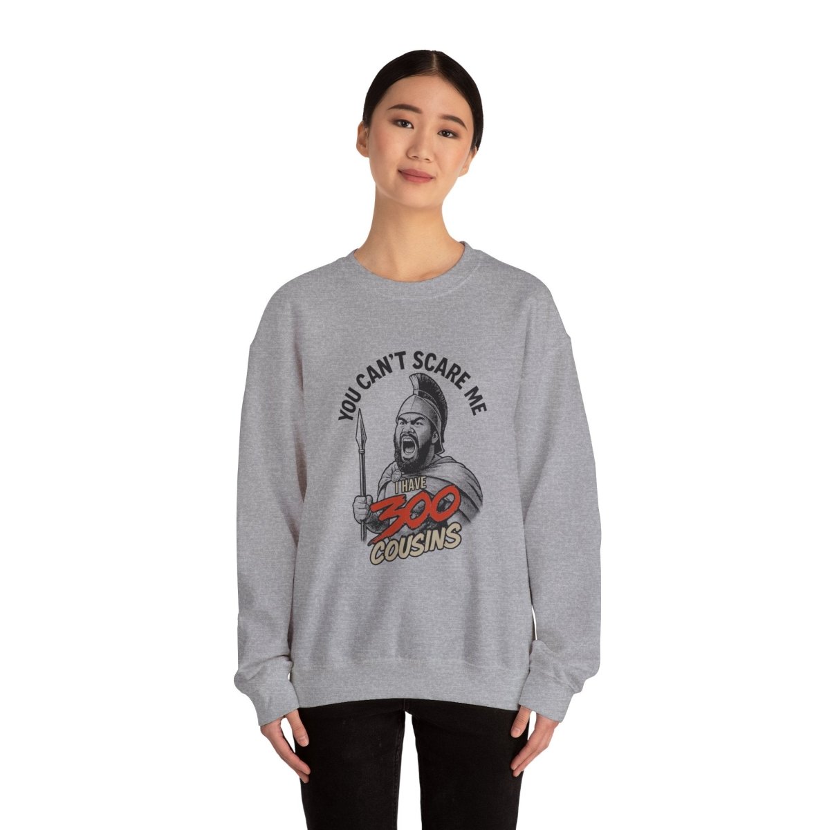 Unisex heavy sweatshirt by The Print Bar featuring custom 300 Cousins design in AU/NZ style, shown on a model.