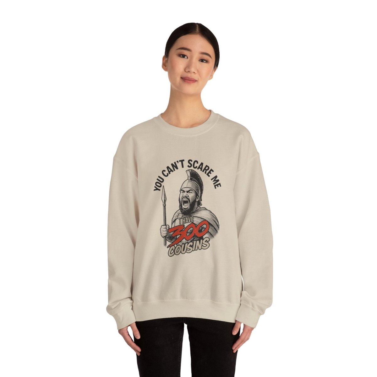 Unisex heavy sweatshirt from 300 Cousins by The Print Bar featuring personalized design, in black with logo and text.