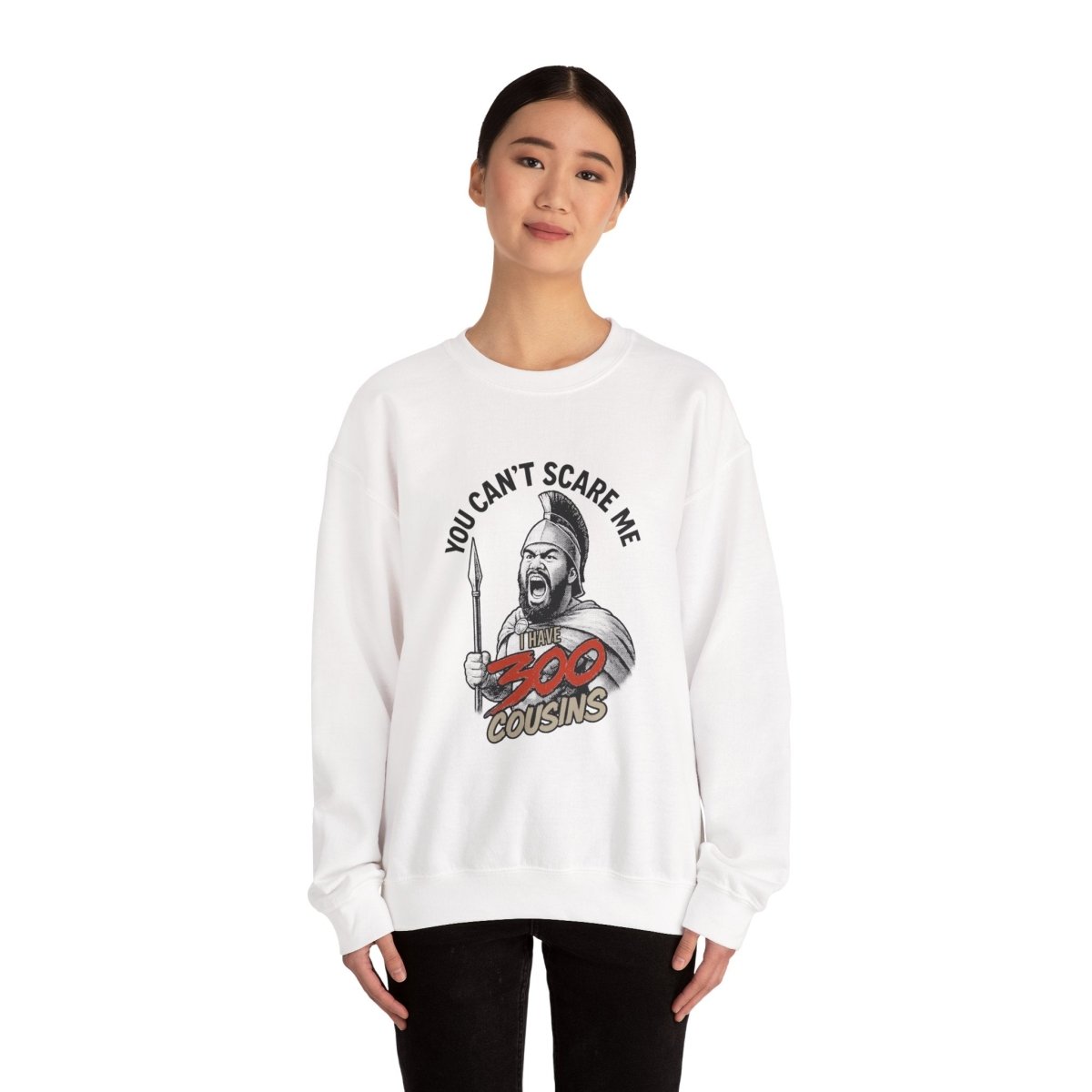 Unisex heavy sweatshirt from 300 Cousins by The Print Bar featuring personalized design, in black with white text, worn by a model.