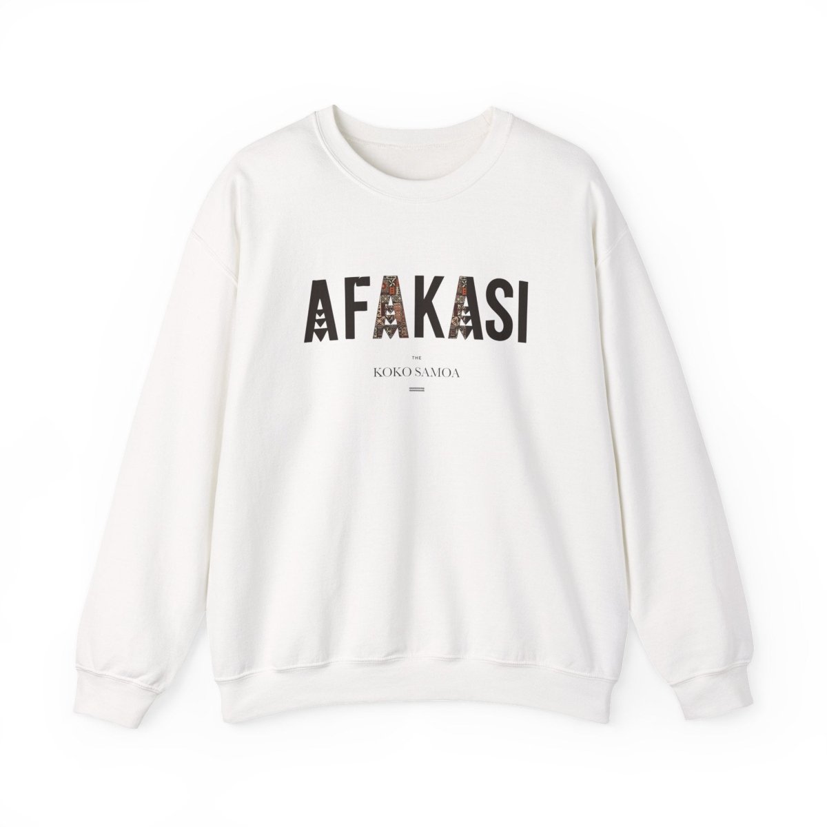 Unisex heavy sweatshirt featuring Afakasi design, personalized with Koko Samoa motifs, in neutral tones.