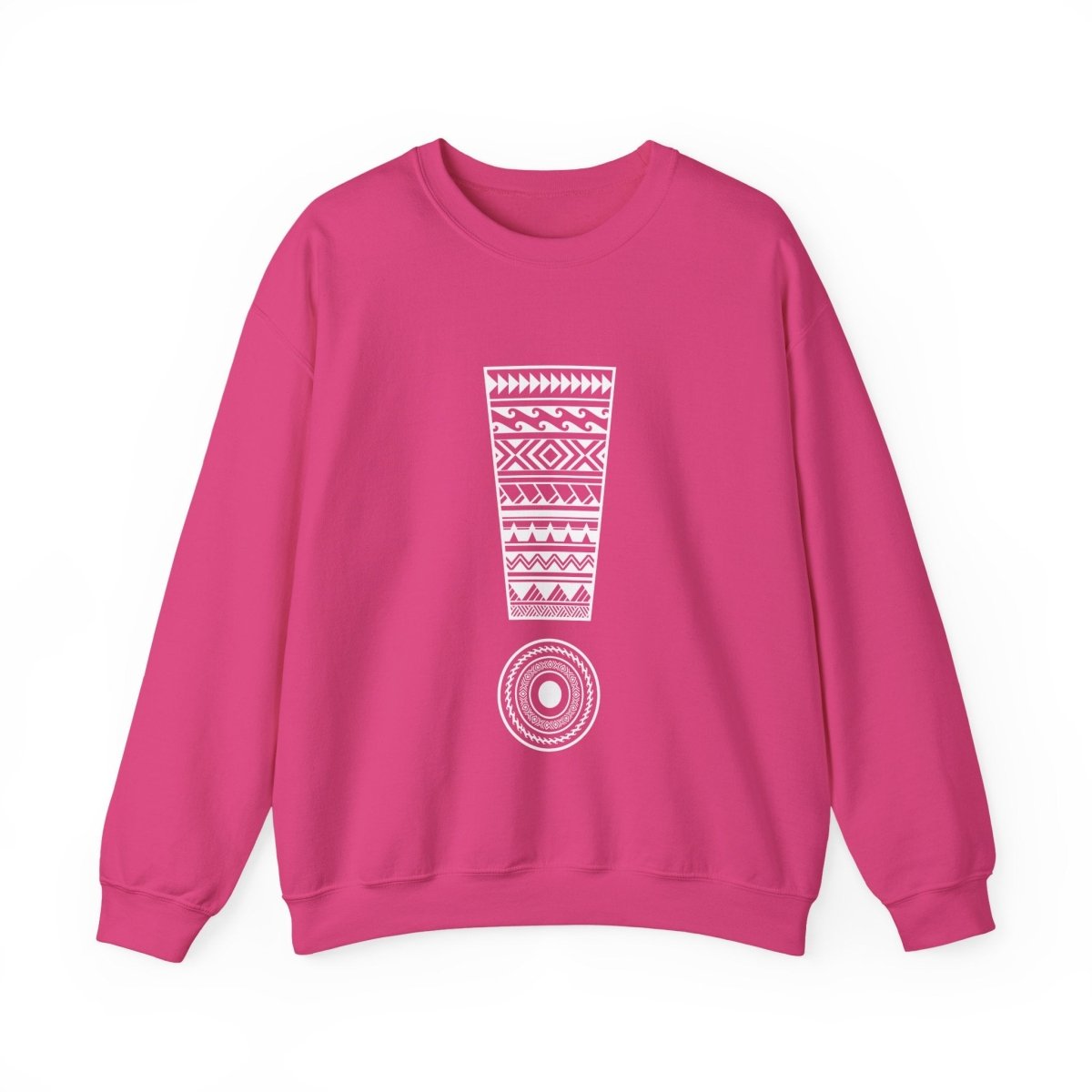 Unisex heavy sweatshirt with "Exclaim" design, worn casually, showcasing its comfortable fit and stylish print.