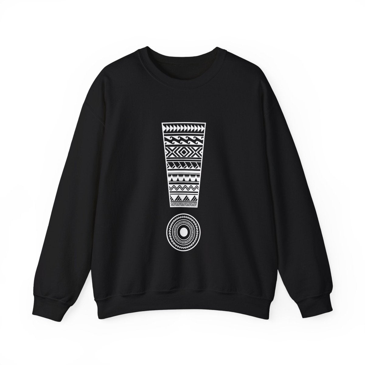 Unisex heavy sweatshirt with "Exclaim" design, worn casually, showcasing a comfortable, personalized style.