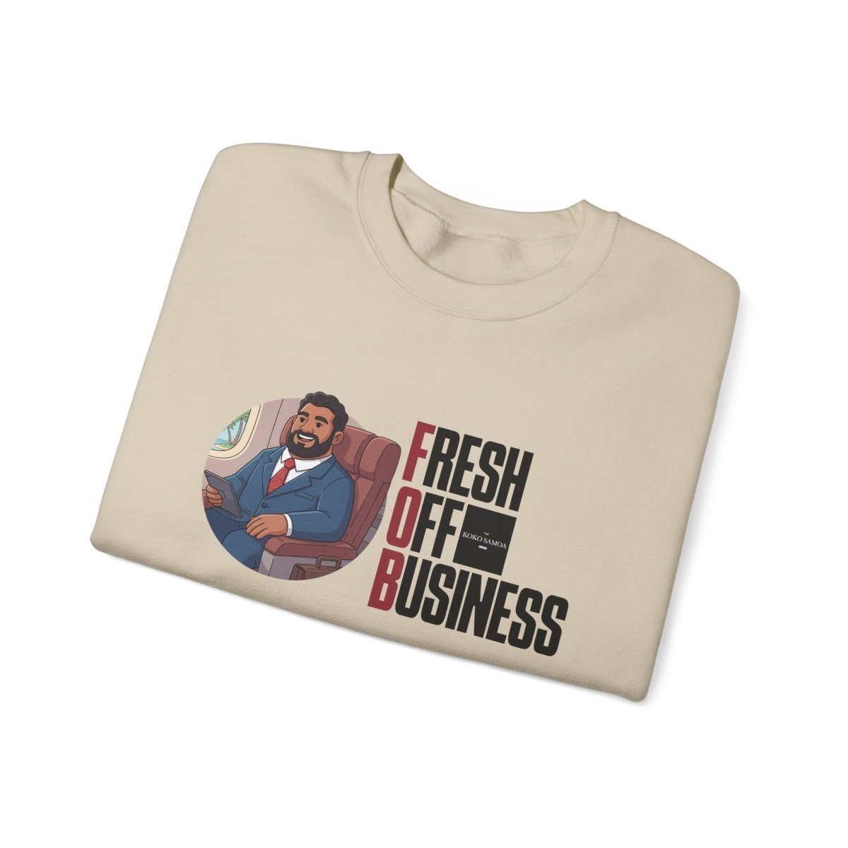 Unisex heavy sweatshirt with "Fresh Off Business" print, worn by a person, casual style, personalized design.
