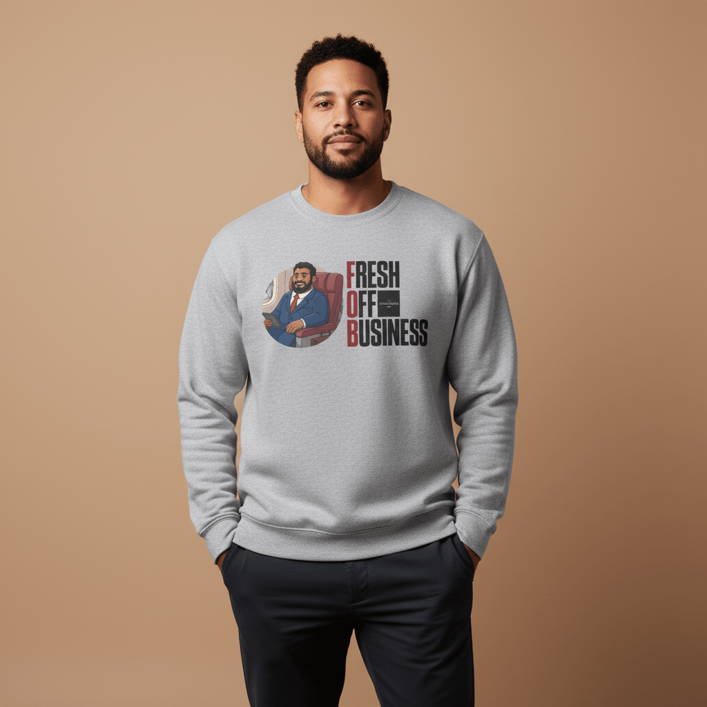 Unisex heavy sweatshirt featuring a personalized "Fresh Off Business" design with tropical graphics.