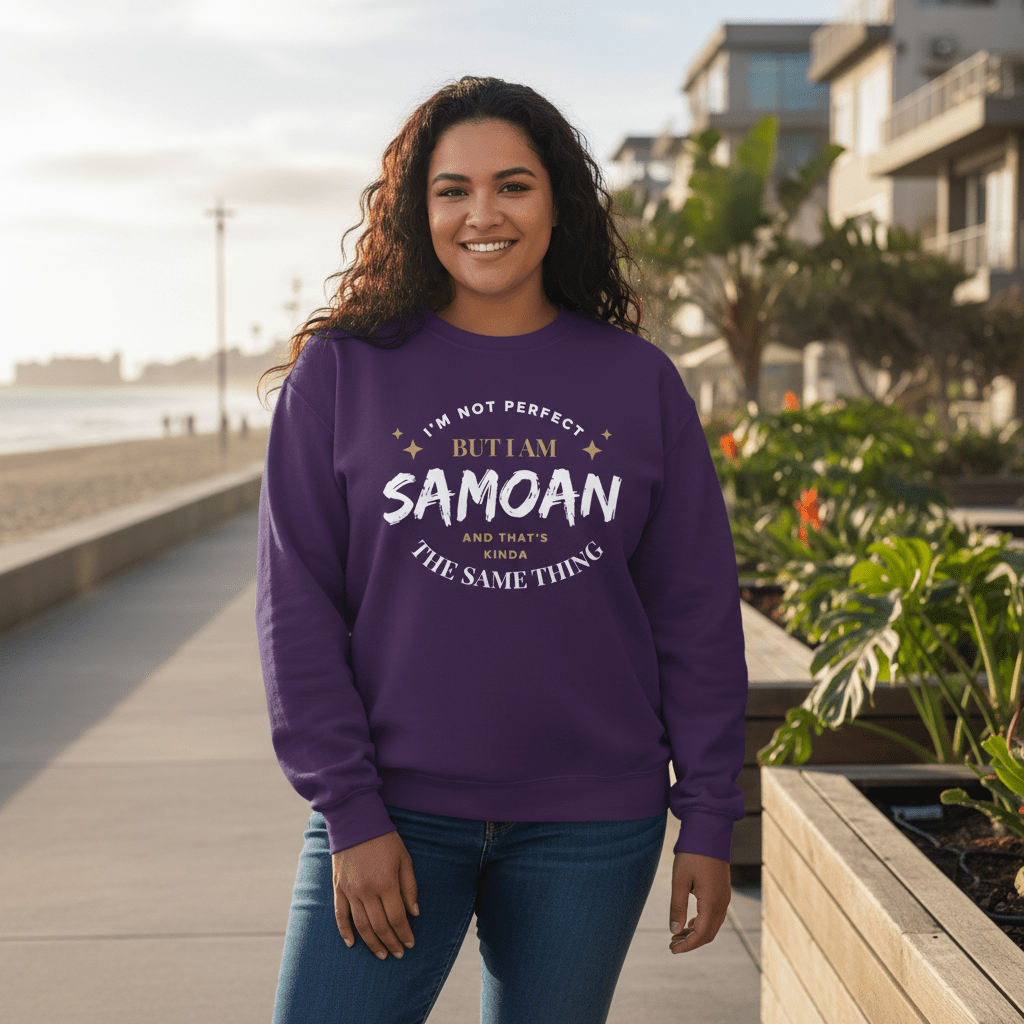 Unisex heavy sweatshirt featuring "Not Perfect But Samoan" design, personalized with Samoan cultural elements.
