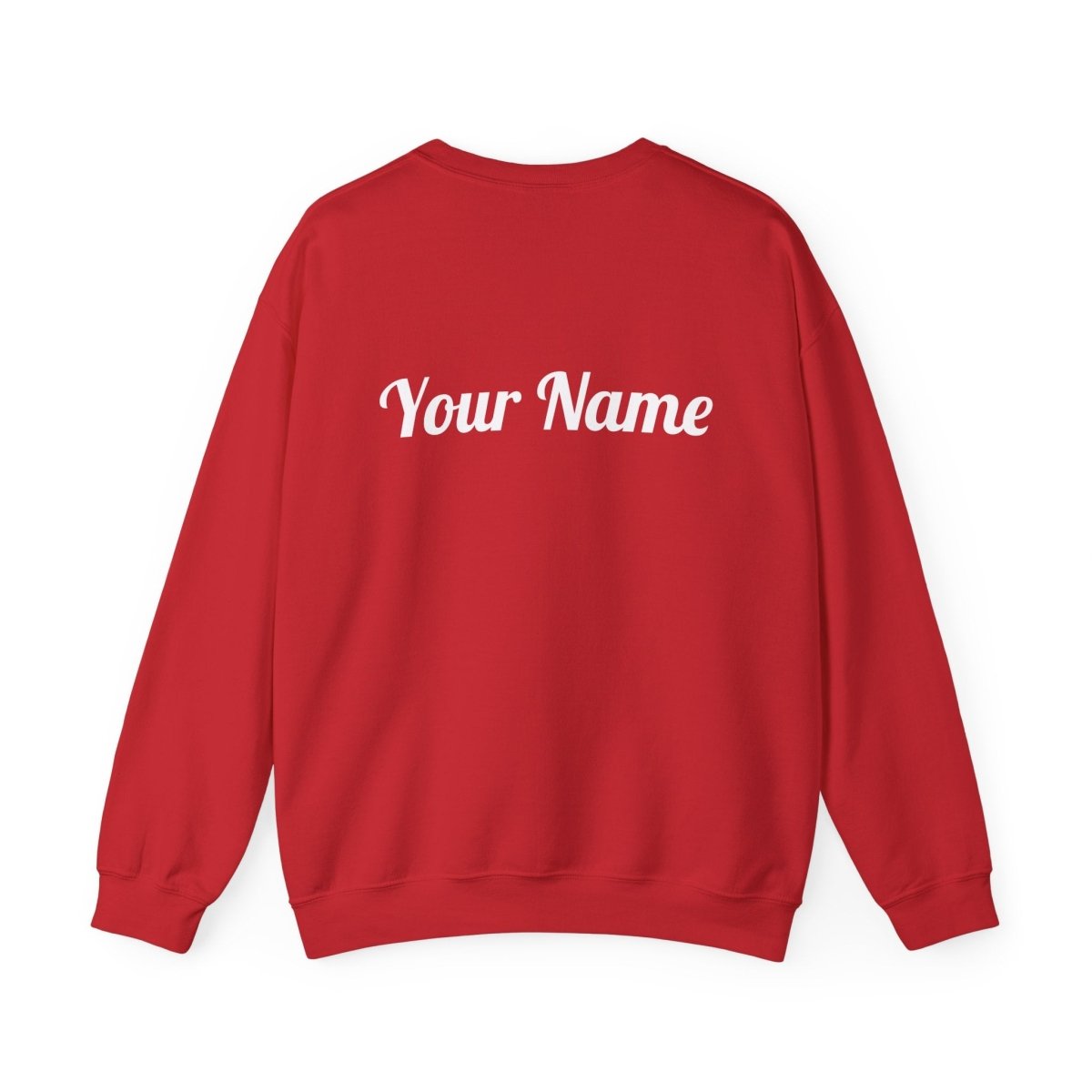 Unisex heavy sweatshirt with poly raised print design, personalized, in neutral color, worn by a person.