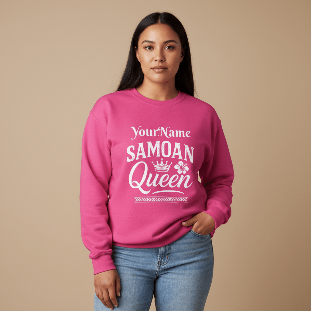 Unisex heavy sweatshirt featuring Samoan Queen design by Monster Digital, personalized with text and vibrant colors.