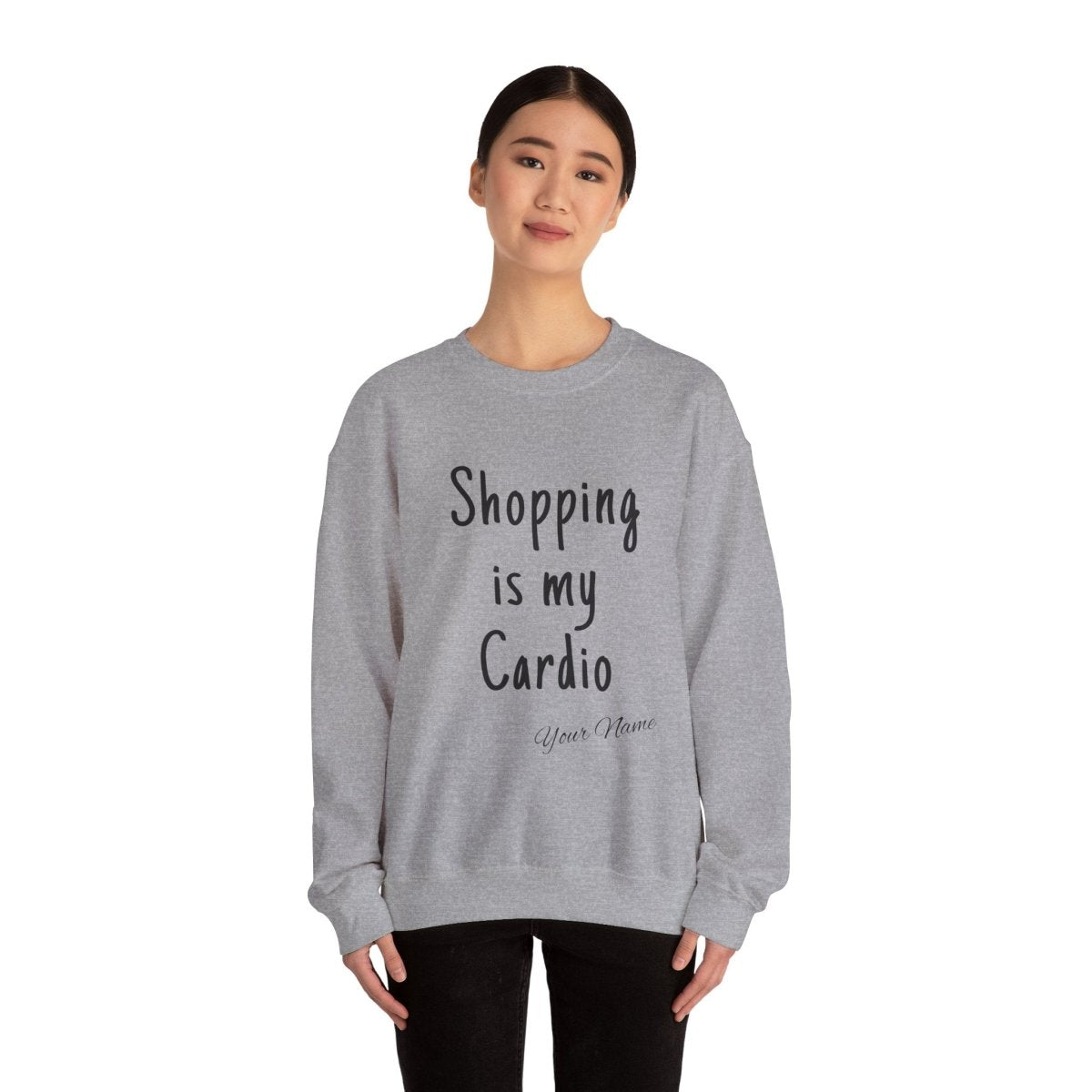 Unisex heavy sweatshirt by The Print Bar with "Shopping is My Cardio" print, casual style, in a neutral color.