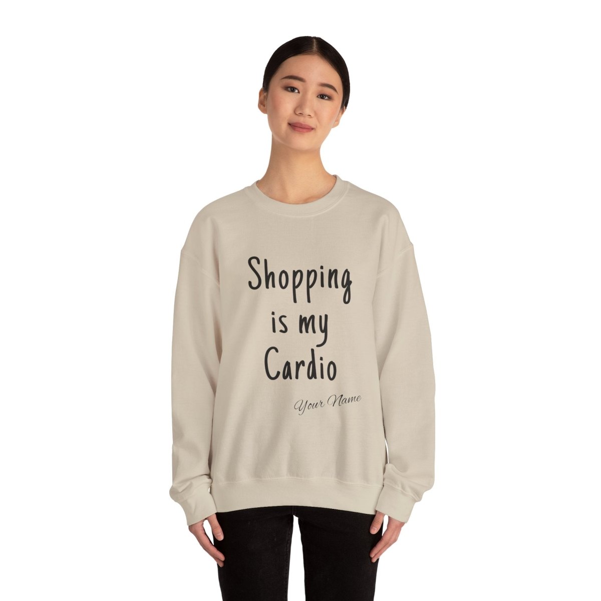 Unisex heavy sweatshirt with "Shopping is My Cardio" print from The Print Bar, featuring casual fit and comfortable fabric.