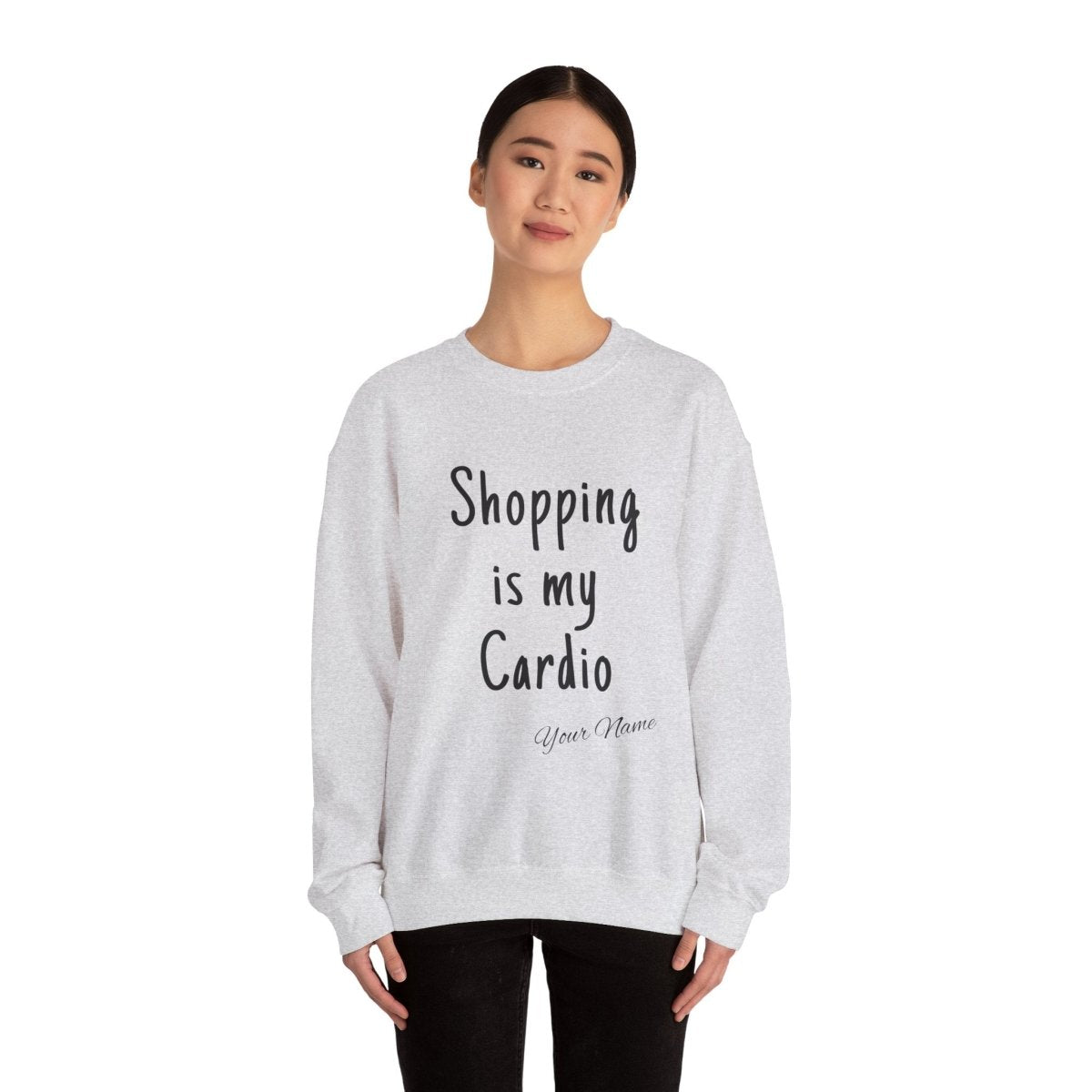 Unisex heavy sweatshirt with "Shopping is My Cardio" slogan in black print, casual fit, made by The Print Bar, AU/NZ.