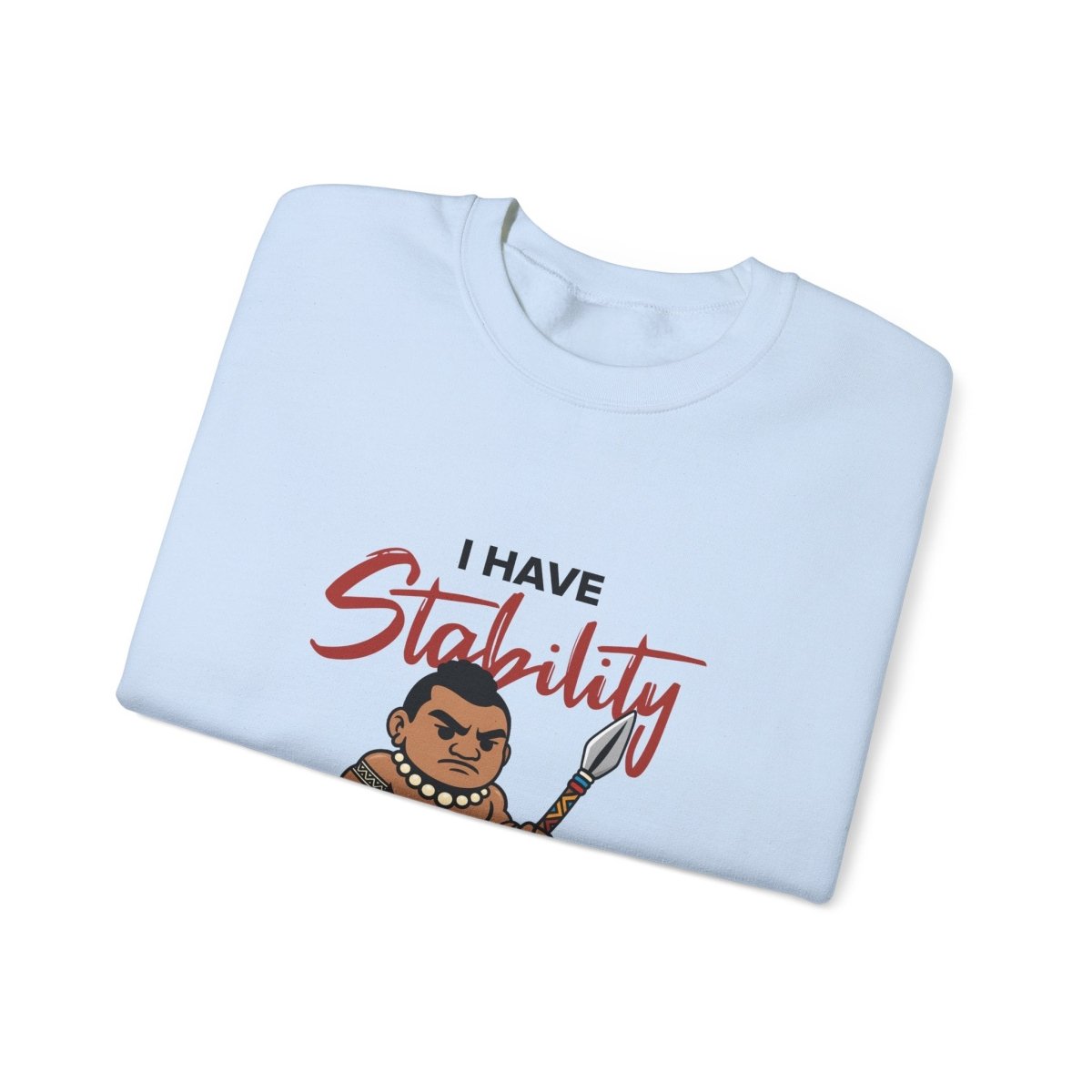 Unisex heavy sweatshirt with "Stability", in dark color, worn casually.