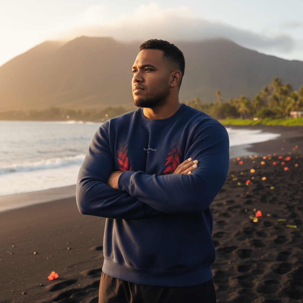 Unisex heavy sweatshirt by The Print Bar featuring Ula Fala design with Samoa motifs on a dark fabric background.