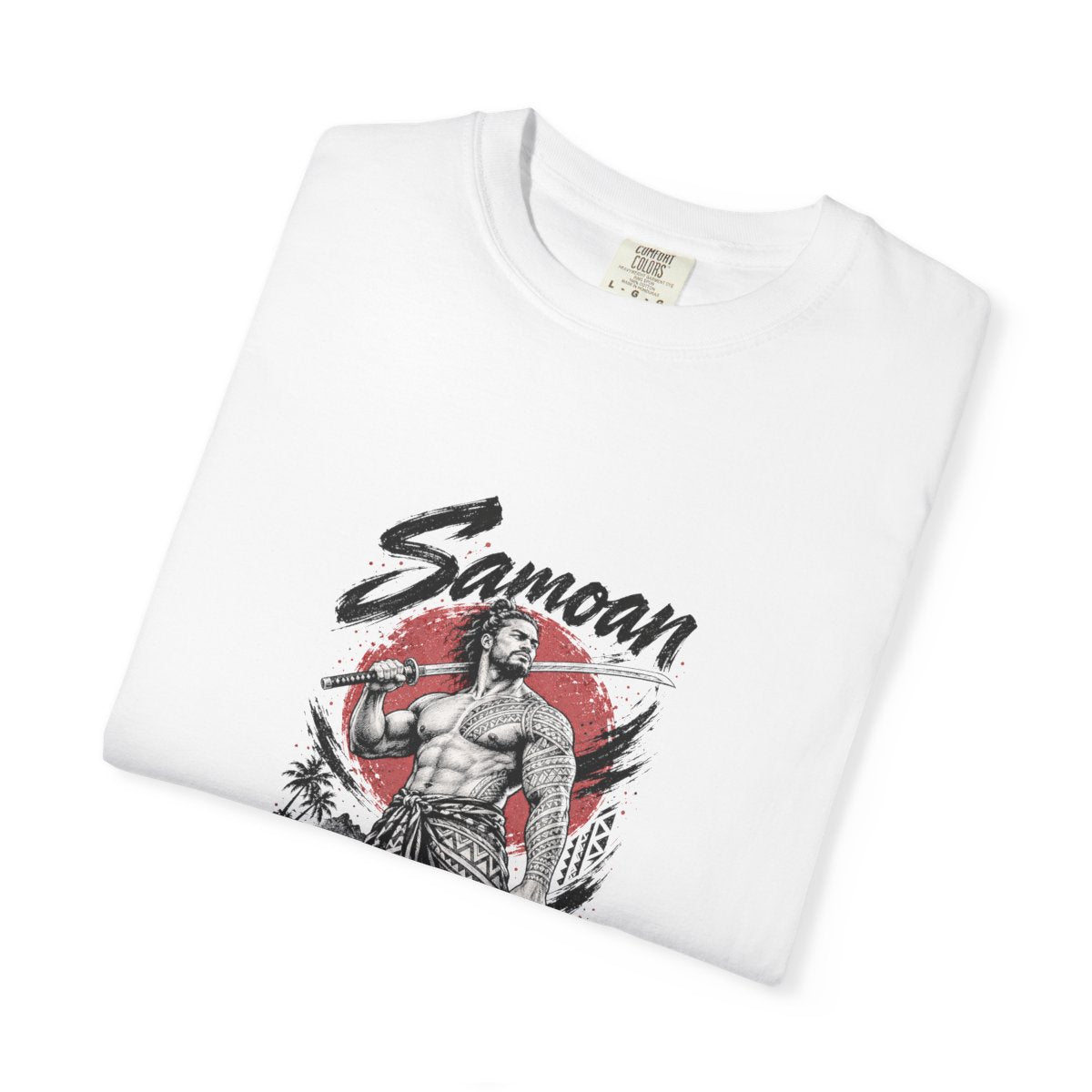 The white Samoan Samurai unisex tee folded with the print facing up