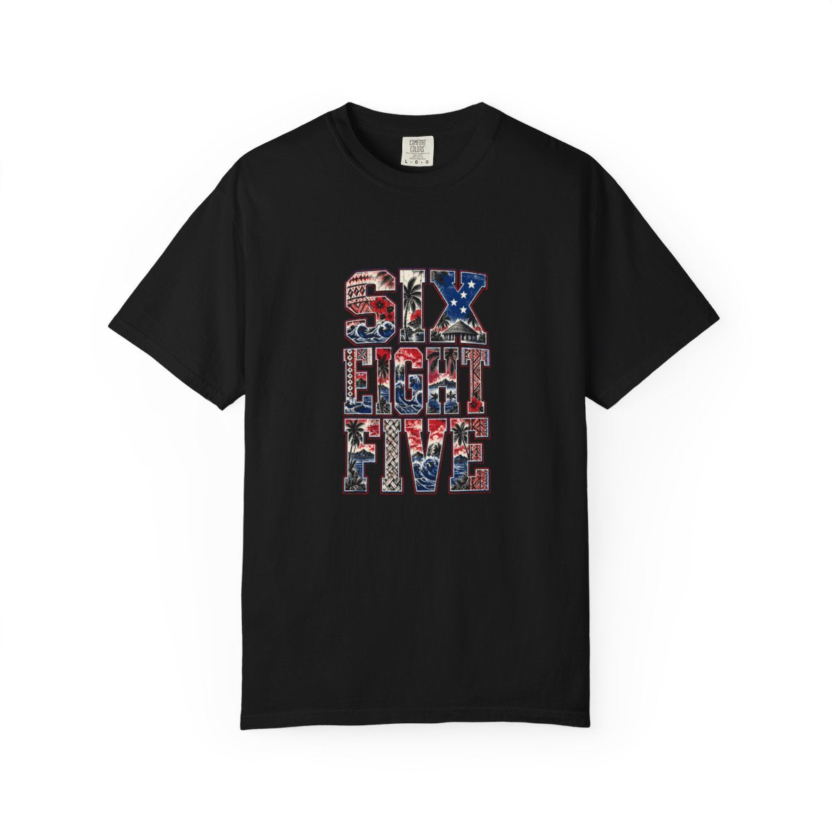 685 Samoa print on the front of a black unisex tee