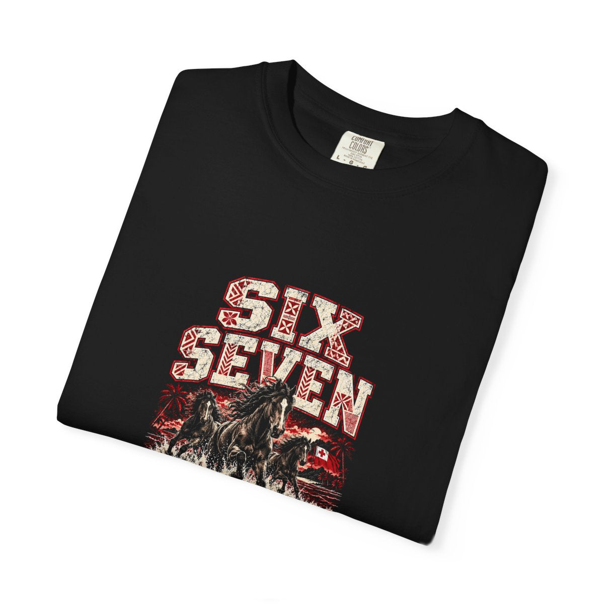 The black 676 Tonga unisex tee folded with the print facing up